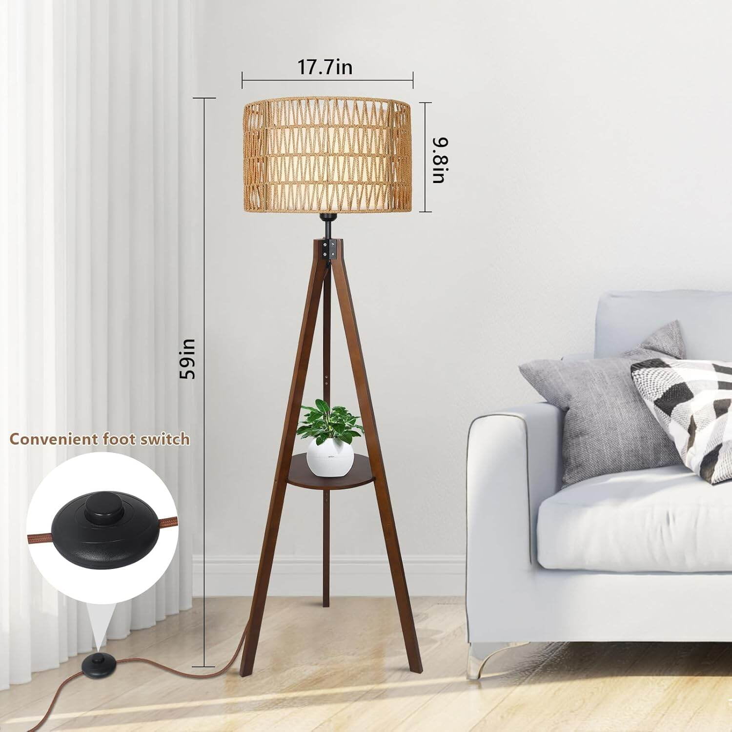 PuppyCheer Boho Tripod Floor Lamp with Shelves, Mid Century Wood Standing Lamp with Rattan & Fabric Shades (Brown, 59 in) siusv