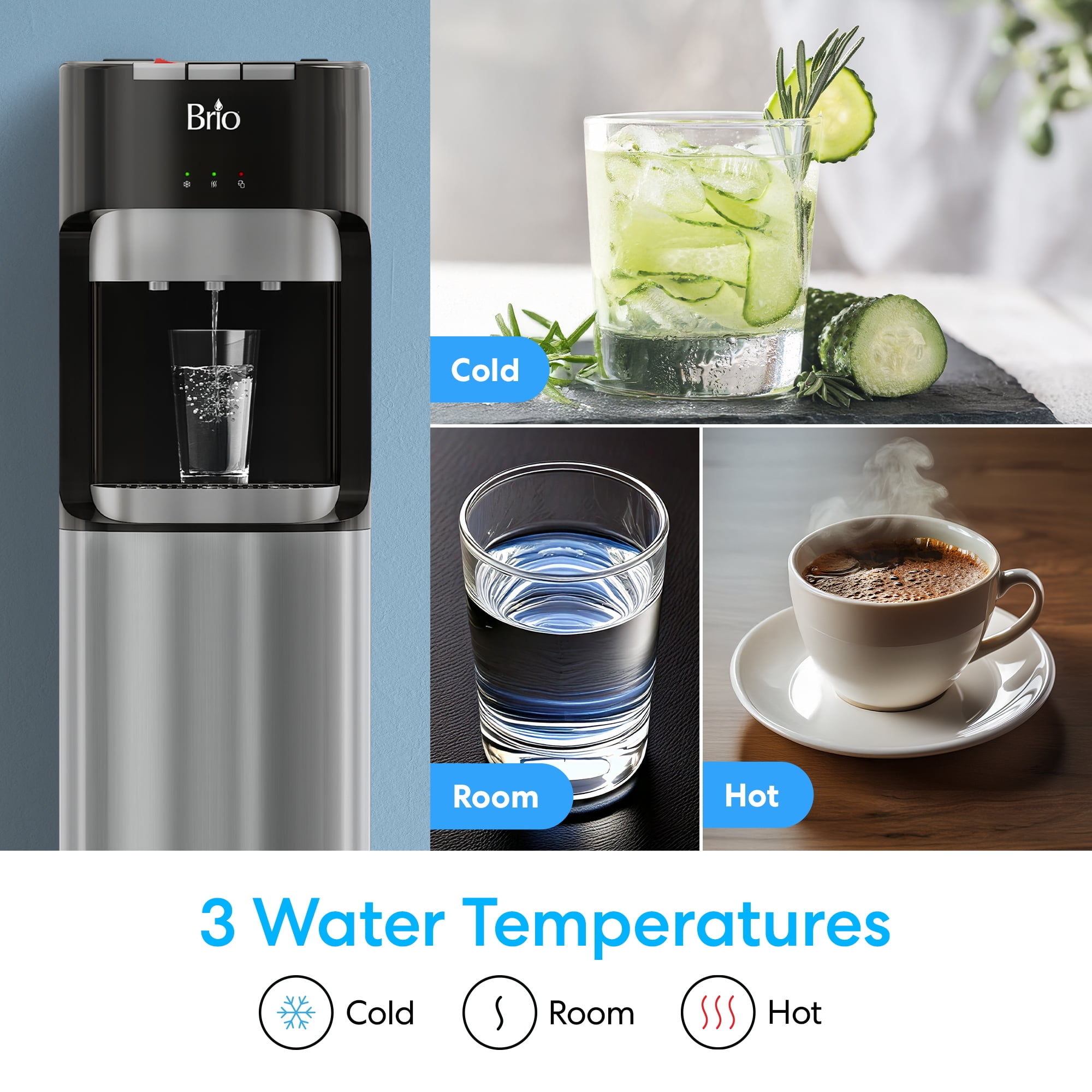 Brio Bottom Load Water Cooler Dispenser with Hot, Cold, and Room Temperature Settings (Silver, 41.4 in) mrpmu