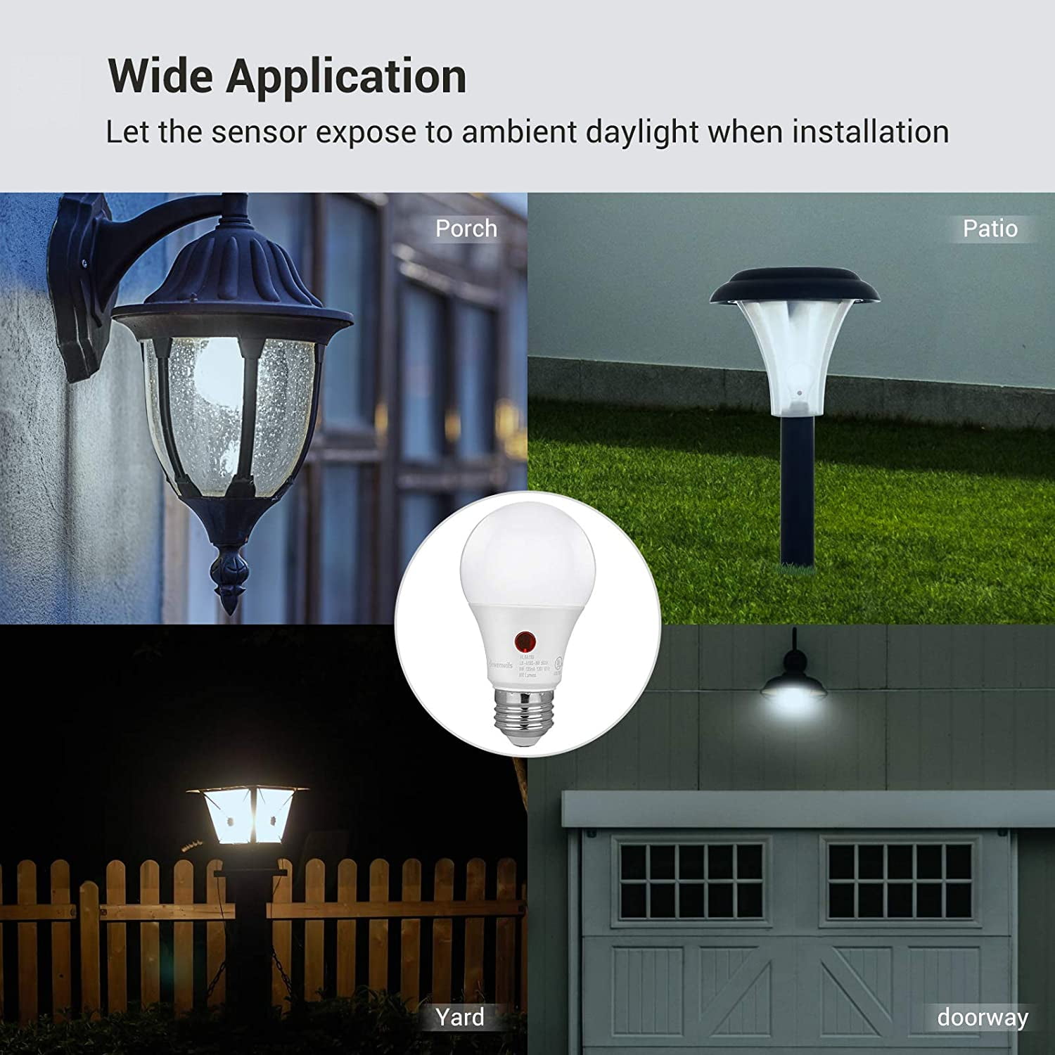DEWENWILS Dusk to Dawn LED Light Bulbs 5000K Daylight Outdoor Lighting (4-Pack, 9W) lmo28