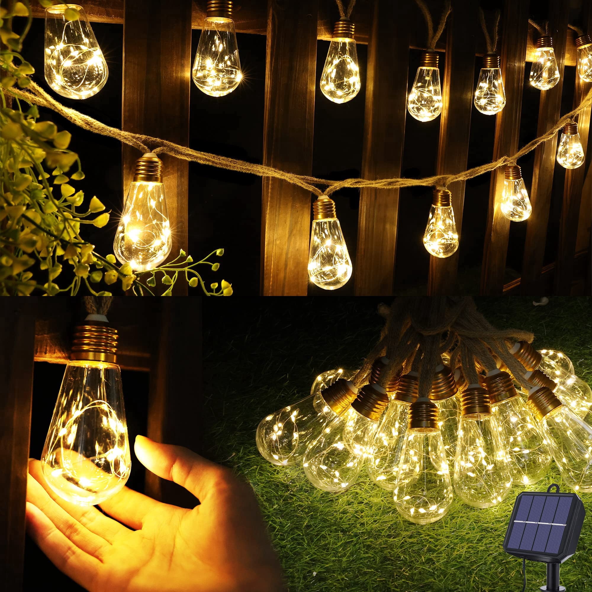 Ceevoo Solar Outdoor String Lights, Vintage Hemp Rope Patio Lighting, Waterproof Warm White LED Decor (20 ft, 16 Bulbs) b1nf5