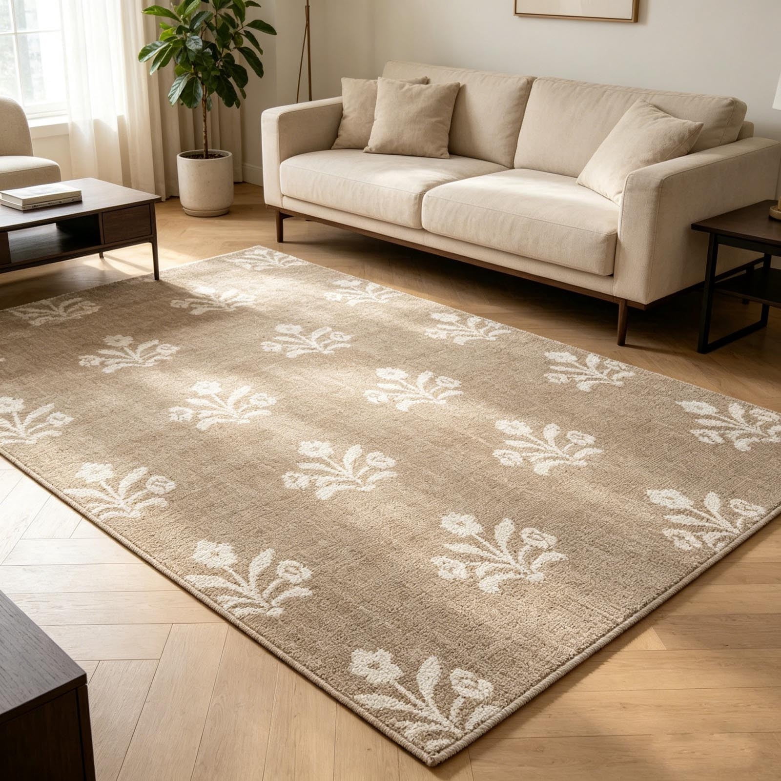 FEOLGEHLY Indoor Outdoor Area Rug, Boho Floral Patio Mat, Weather Resistant Flatweave Carpet (Beige White, 36 in x 48 in) 3pfgh