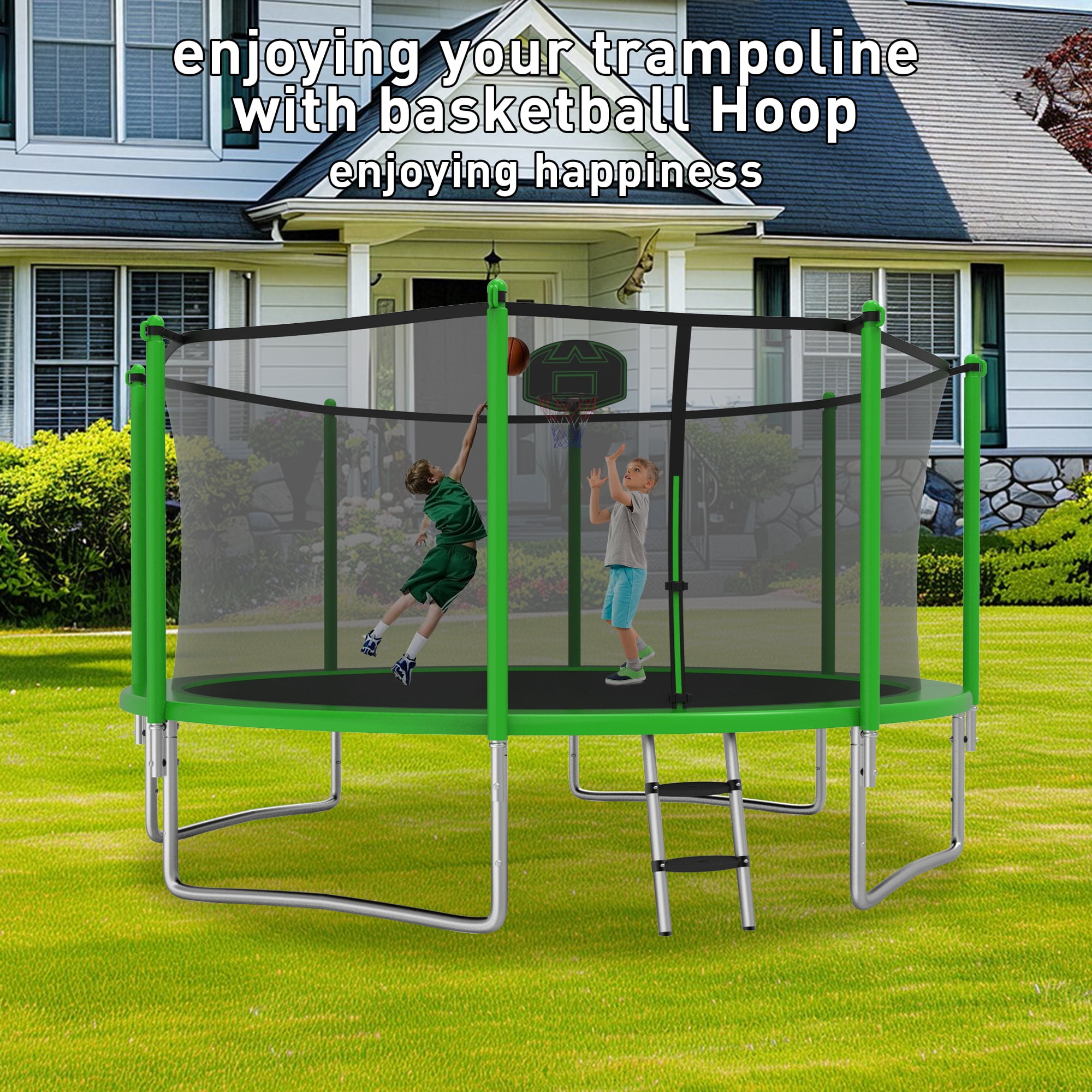 XMIKA Outdoor Recreational Trampoline with Enclosure Net, Basketball Hoop, and Ladder (Green, 14 ft) 72kfj