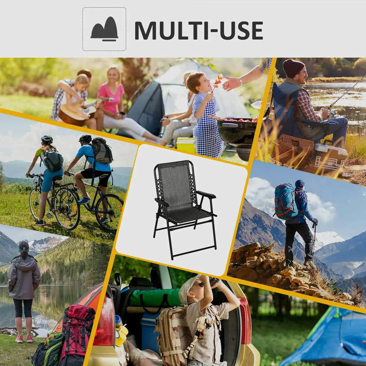 Yardi Yarda Outdoor Bungee Sling Folding Chair with Armrests (Gray, 24.75 in x 24 in x 35.75 in) rx55b