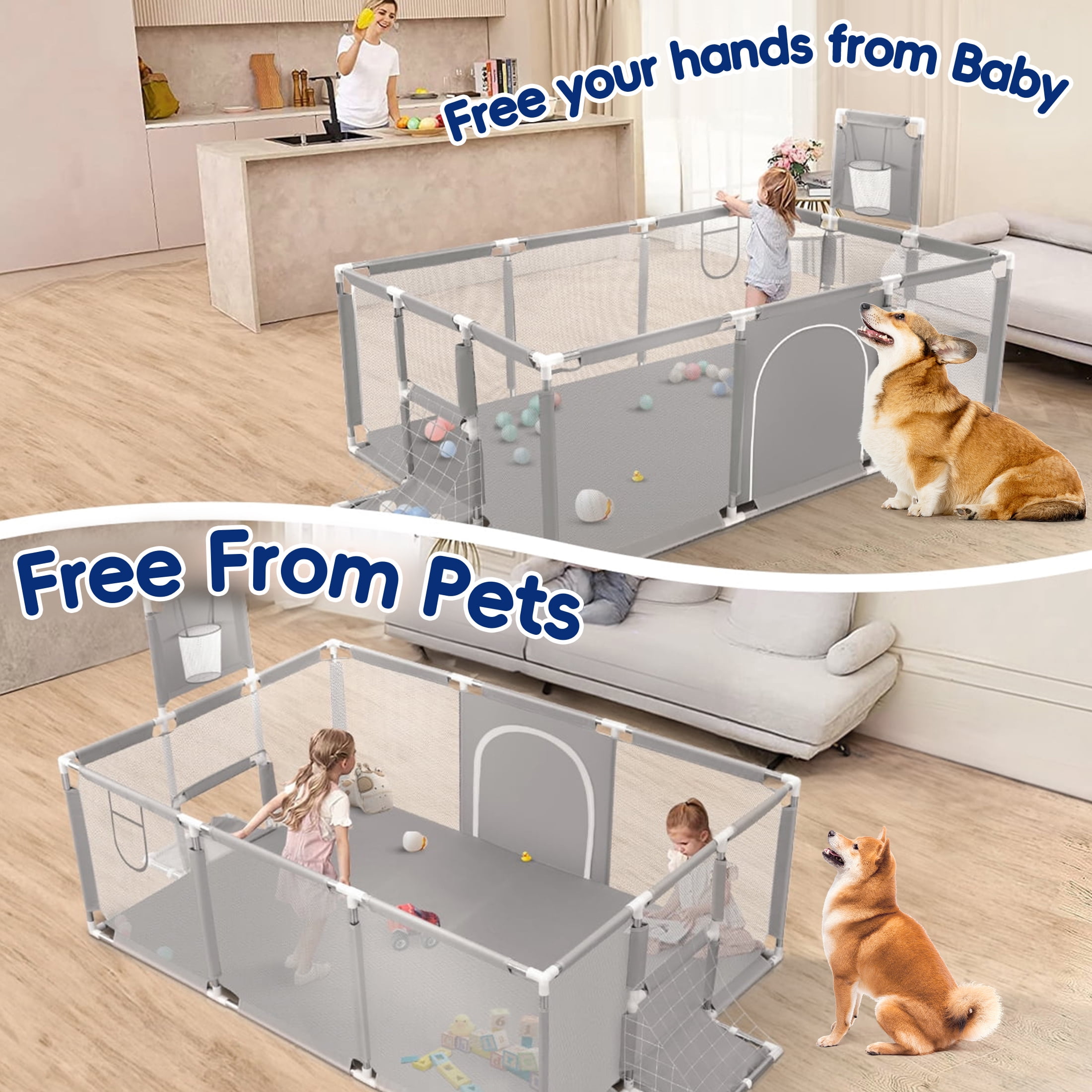 HioHa Extra Large Baby Playpen, Sturdy Indoor and Outdoor Safety Enclosure with Zippered Door (Grey, 71 in x 59 in) wt7wa