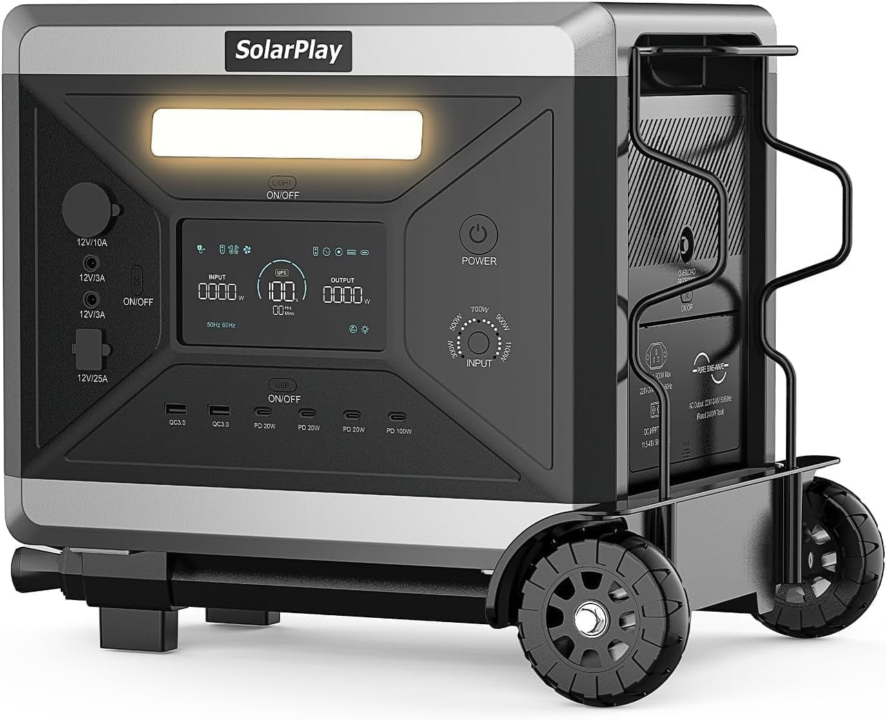 SolarPlay 2400W Portable Power Station with Foldable Cart, 2160Wh LiFePO4 Battery, 4 AC Outlets (Black, 2160Wh) 1poj8