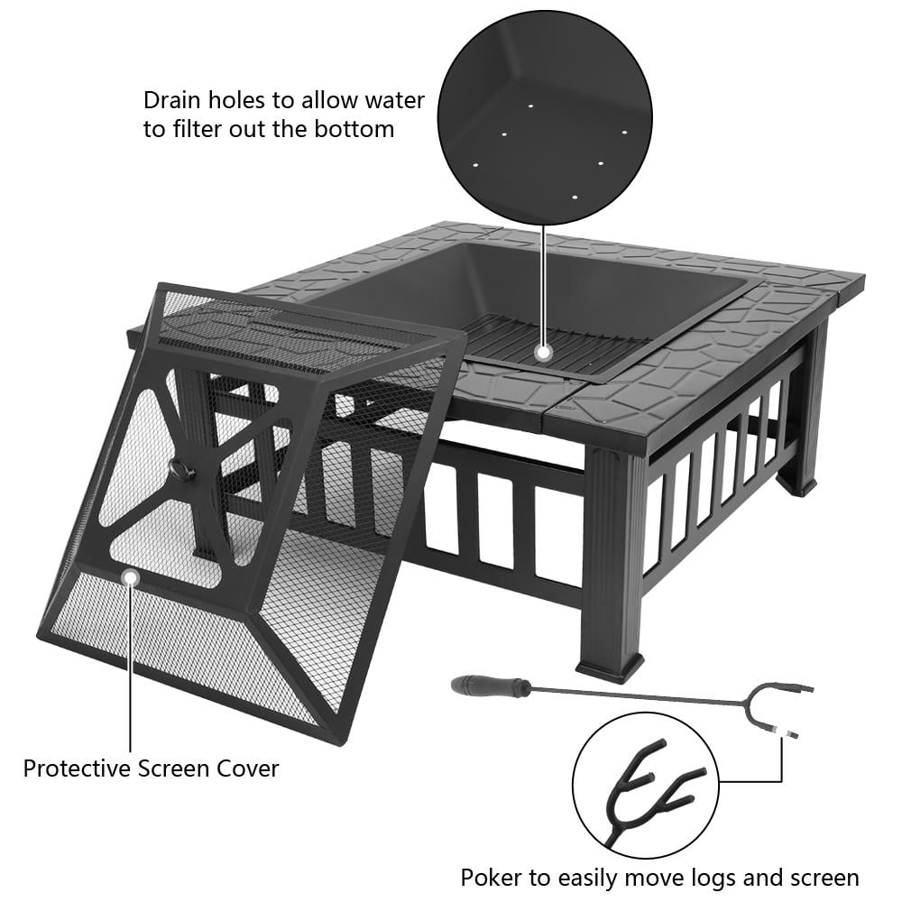 Zimtown 32 in Square Metal Fire Pit with Spark Screen and BBQ Grate (Black, 32 in) ma39g