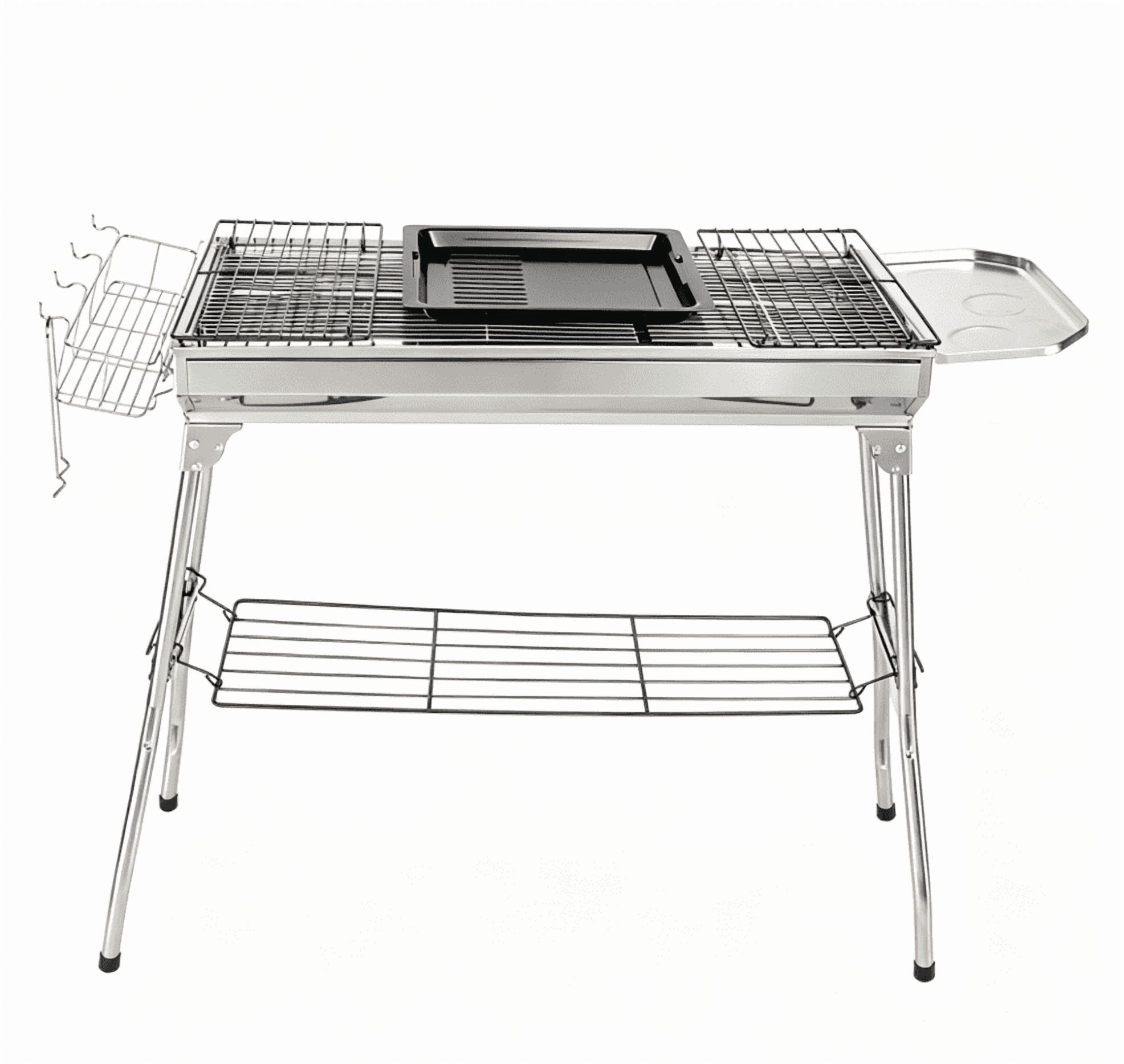 Alvantor Portable Stainless Steel Charcoal Grill, Outdoor BBQ Grill with Storage Shelf and Enamel Tray (Silver, 39.37 in) pzsr1