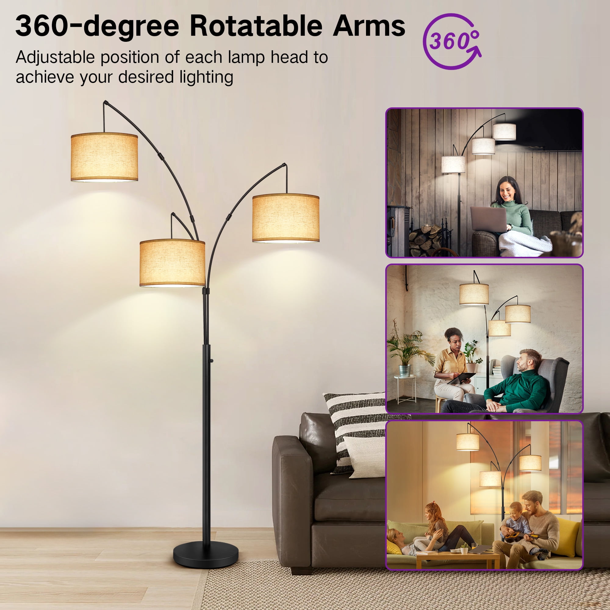 Outon 3-Light Arc Floor Lamp, Modern Standing Lamp with Linen Shades, Adjustable Multi-Directional Lighting for Living Room and Bedroom (Black, 80 in) h8x18