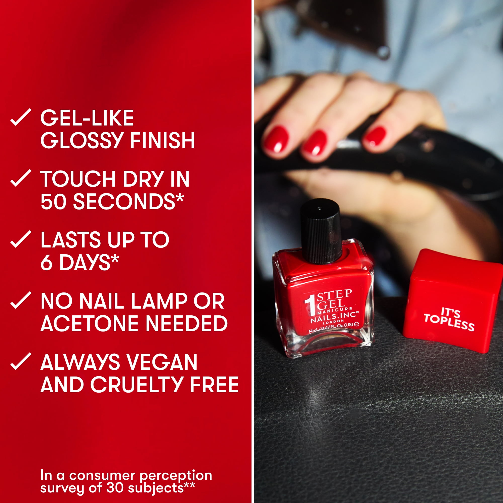 Nails Inc It's Topless Gel-Like Nail Polish, 4-in-1 Base Coat & Treatment, Lipstick Red (Kendall, 0.47 oz) x7lcr