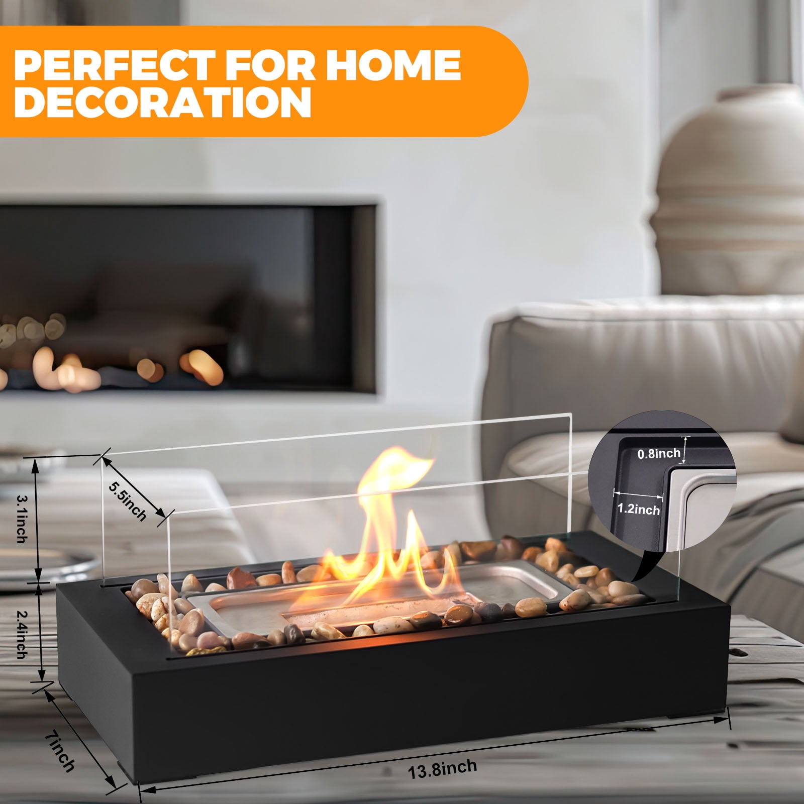 EAST FLAME Rectangular Tabletop Fire Pit with 2 Sided Tempered Glass, Portable Indoor Outdoor Fireplace (Beige, 13.8 in x 7.1 in x 8.3 in) 5wmgm