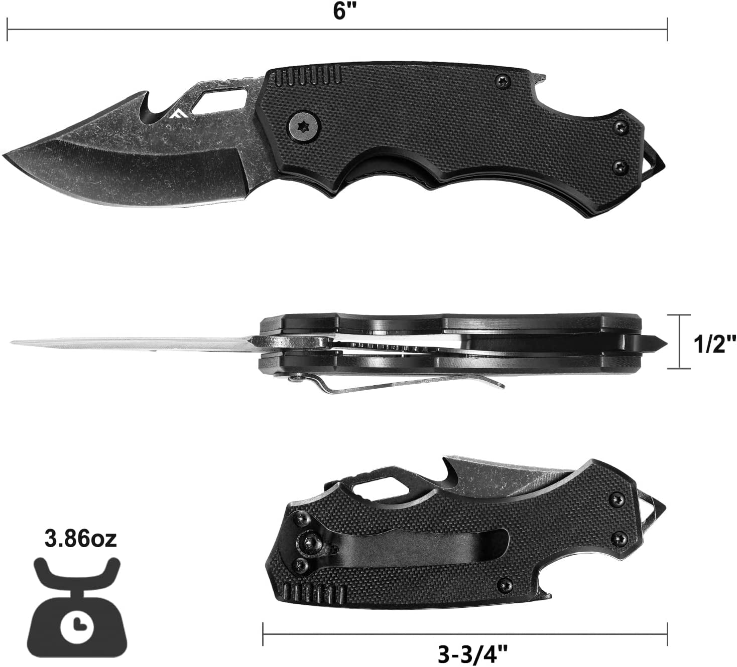 FLISSA Mini Folding Pocket Knife, Stainless Steel Drop Point Blade, EDC Utility Tool with Glass Breaker (Black, 6 in) fax3o