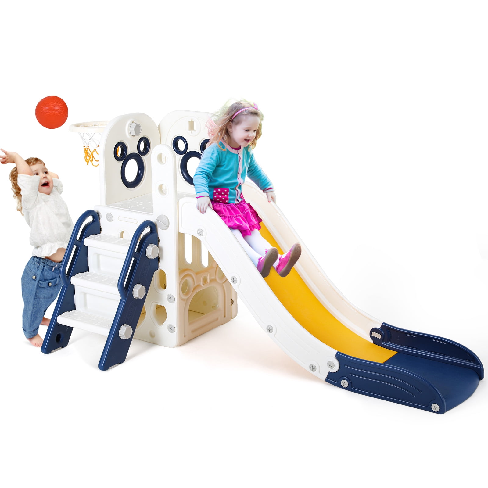 Arlopu 4-in-1 Toddler Slide and Climber Playset with Basketball Hoop (Blue, 60 in L x 18 in W x 30 in H) h7hyo