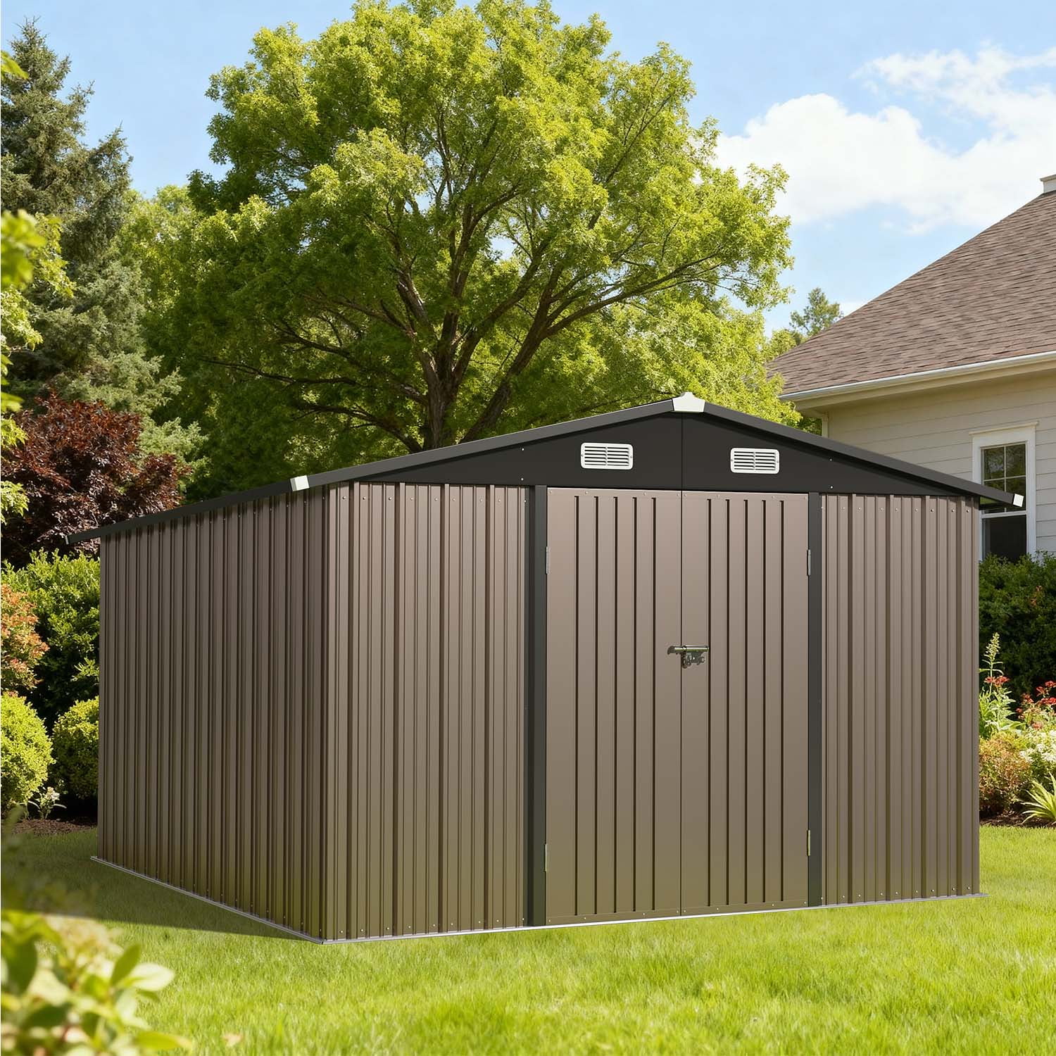 BaPiPro Metal Outdoor Storage Shed, Large Backyard Tool Shed with Lockable Door and Air Vent (Brown, 10 ft x 12 ft) i6pt5