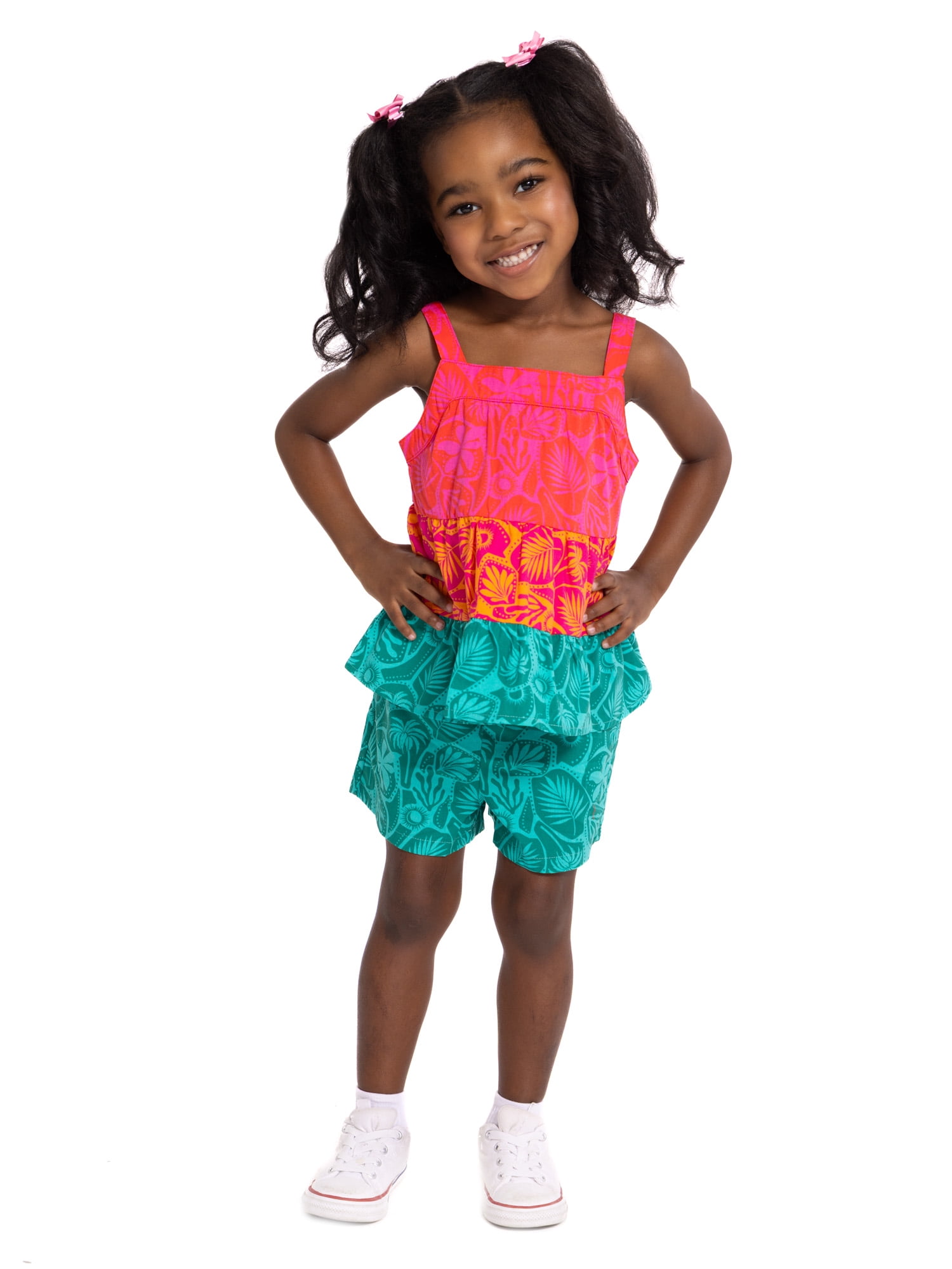 Wonder Nation Toddler Girl's 2-Piece Tiered Tank Top and Shorts Set (Multi-Color, 5T) vzuwn