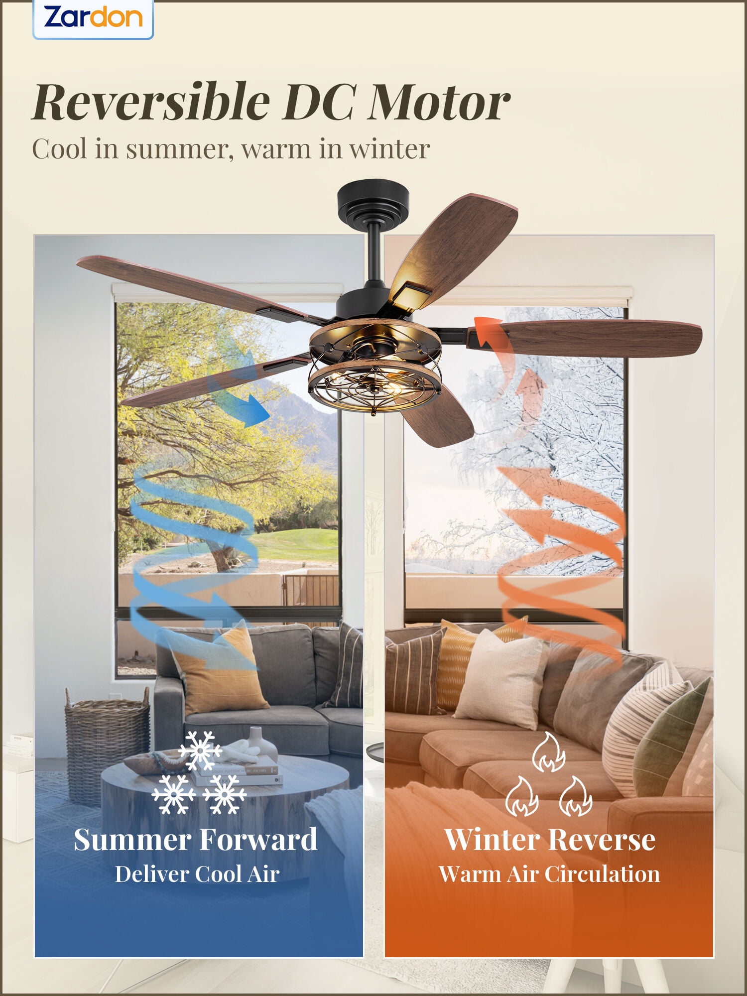 Zardon 52 in Ceiling Fan with Light and Remote Control, Brushed Nickel Finish, 6-Speed DC Motor, Reversible Blades (52 in) upt6i