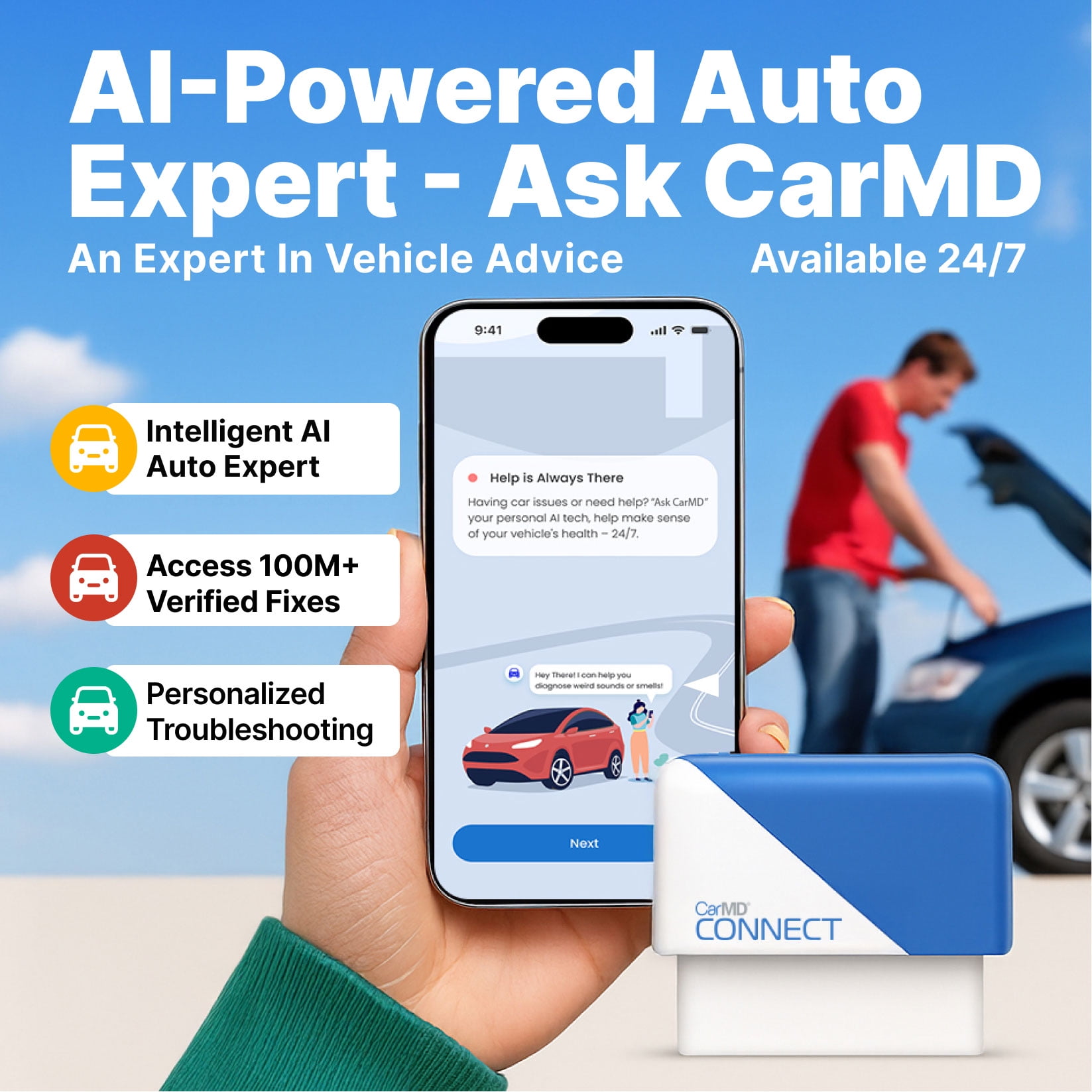 CarMD Connect OBD2 Vehicle Health Monitor and Real-Time Tracking Device (Blue, 1 Pack) oancg