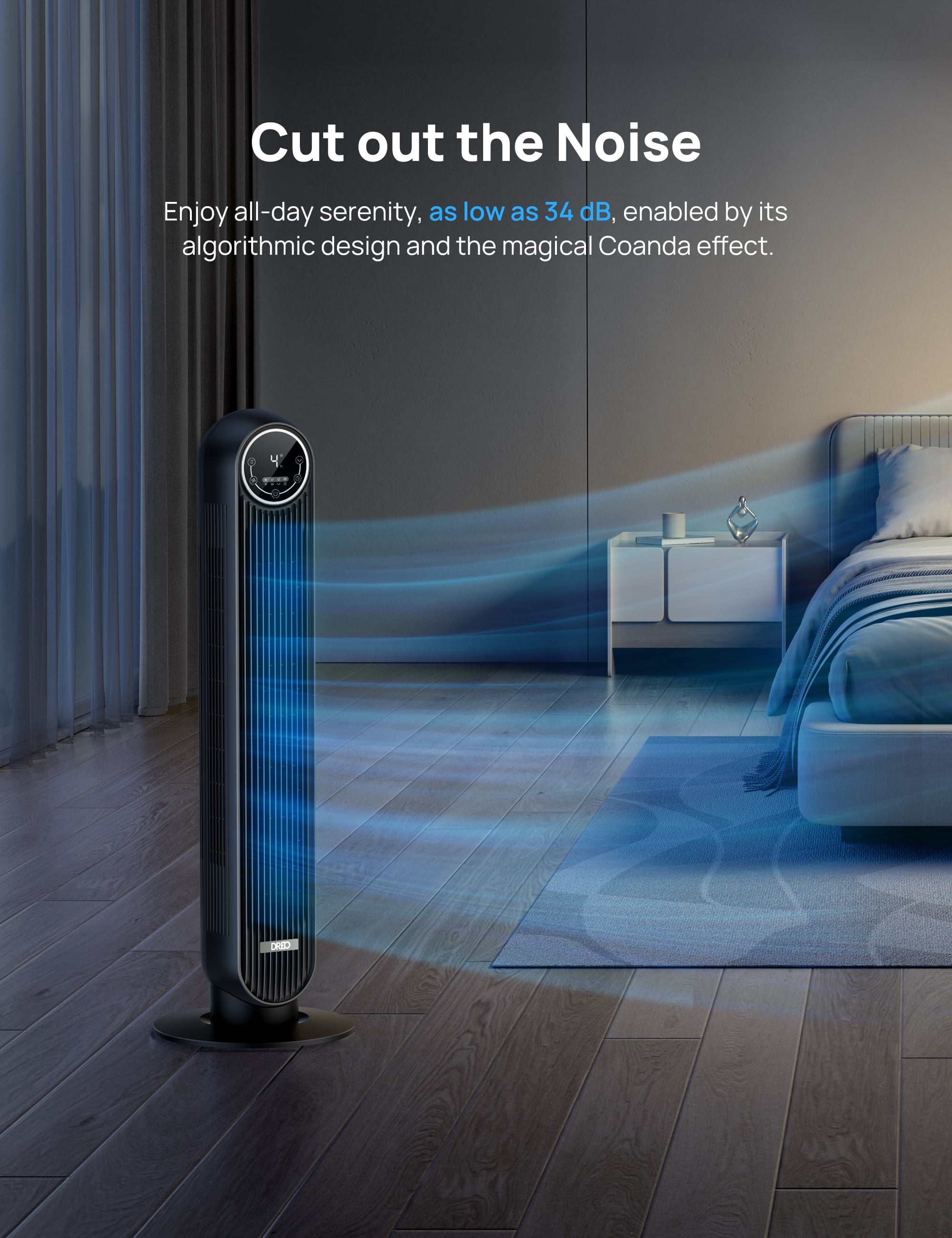 DREO Nomad One Tower Fan, Quiet Oscillating Floor Fan for Bedroom, 4 Speeds & 4 Modes (Black) 7s5mr