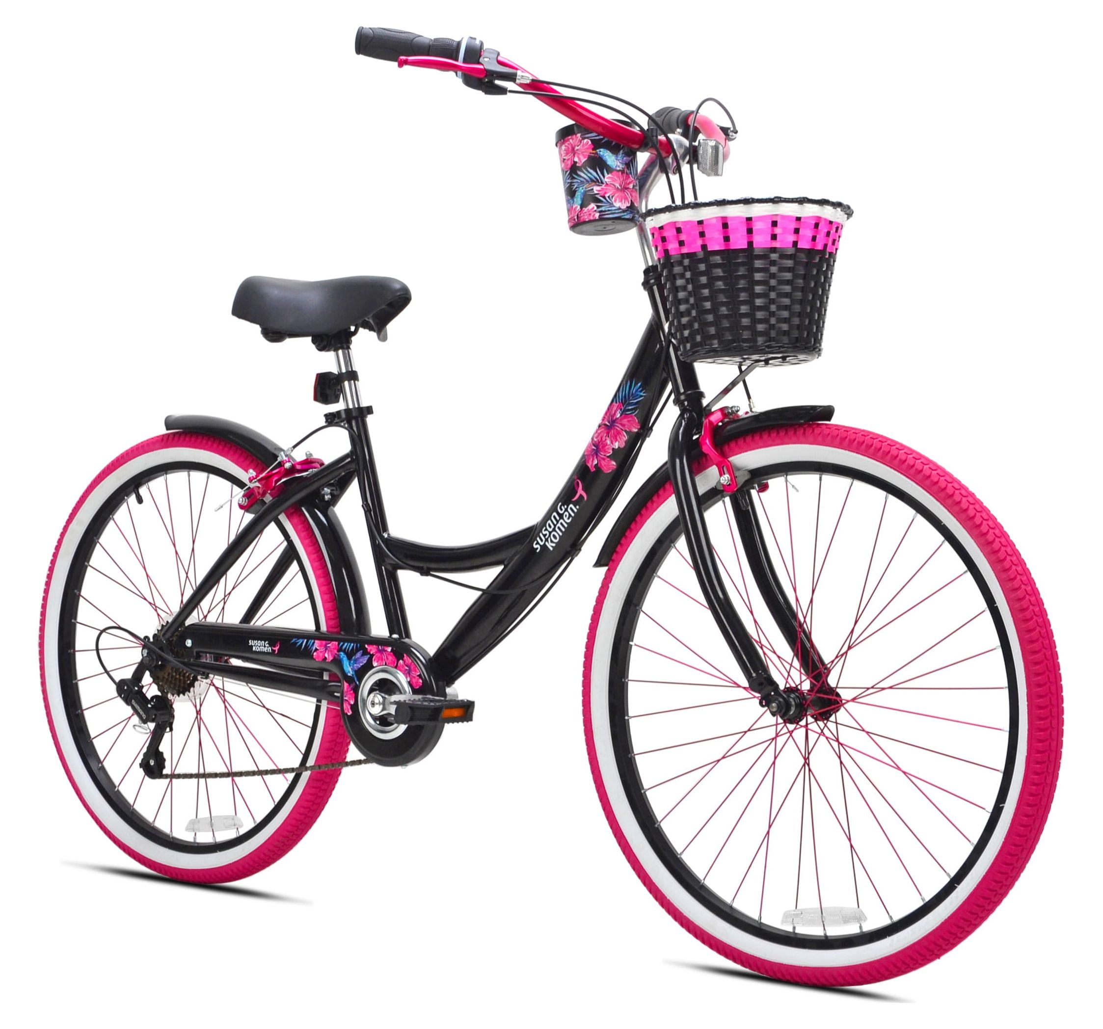 Kent Bicycles 26 in Susan G. Komen Cruiser Bike, Adult Comfort Bicycle with Basket (Black and Pink, 26 in) s81hx