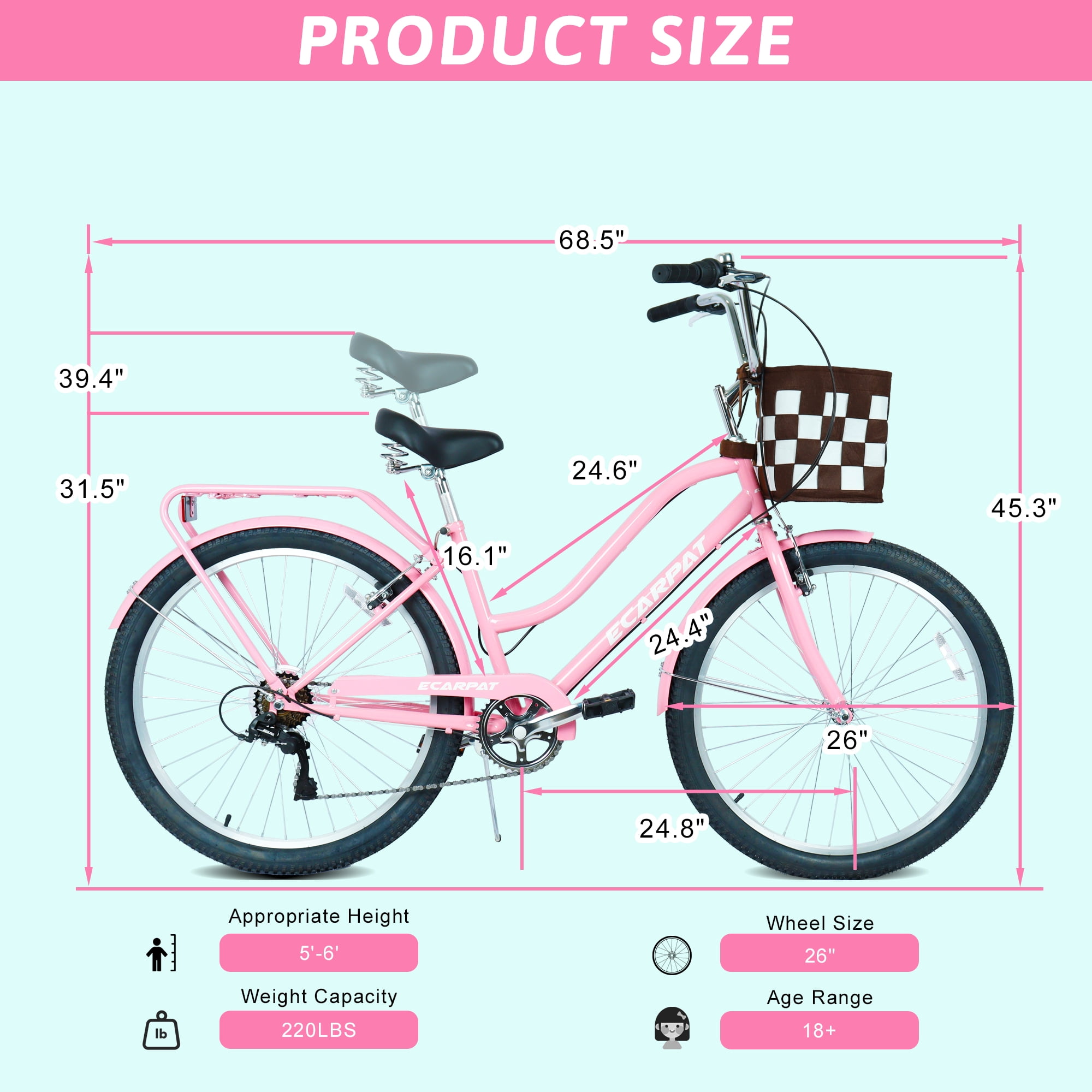 Raistyw 7-Speed Cruiser Bike, Lightweight City Commuter Bicycle with V-Brakes and Detachable Basket (Pink, 26 in) og8az