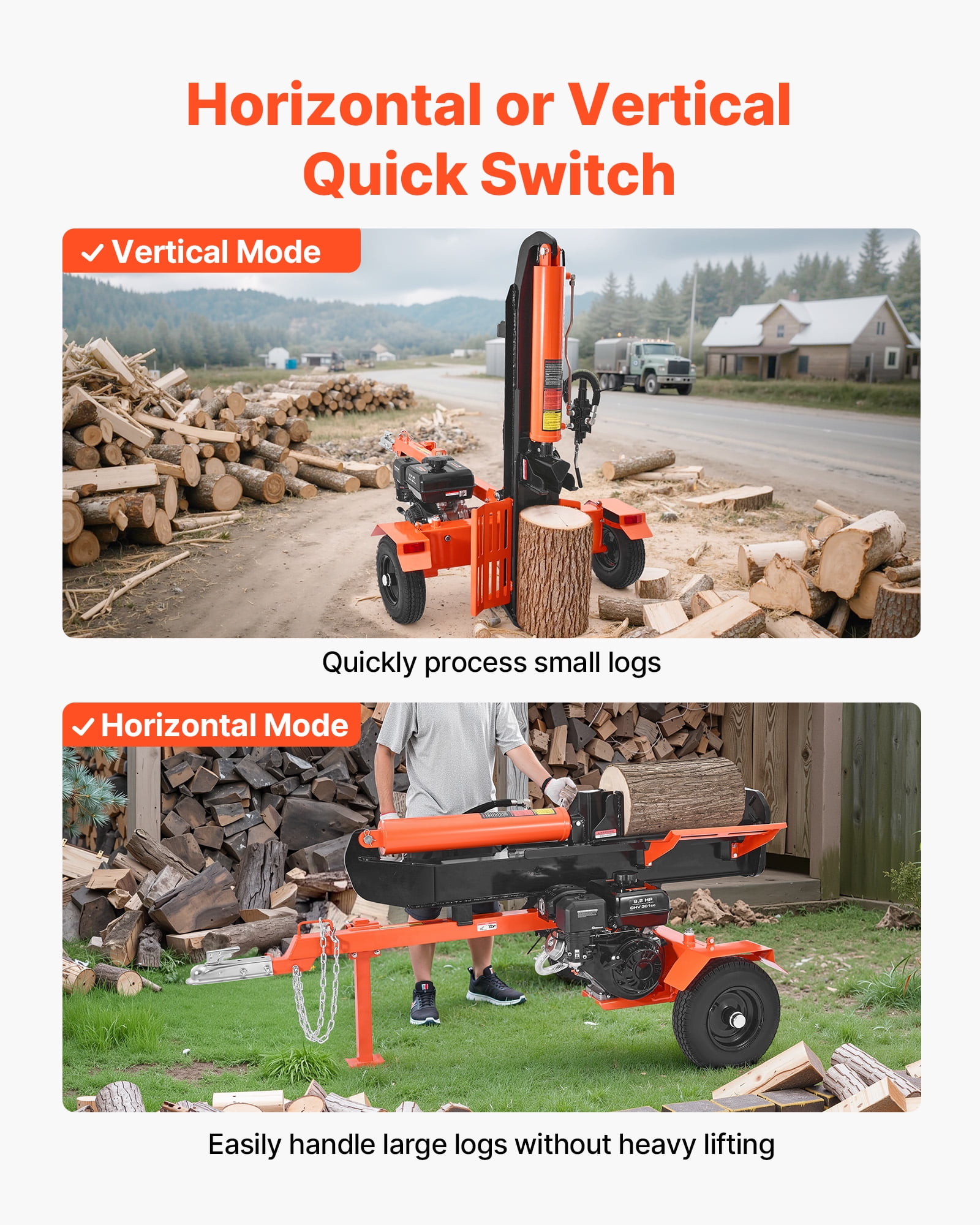 VEVOR 30 Ton Log Splitter, Gas Powered Wood Splitting Machine with 306cc Engine, Vertical & Horizontal Operation (Black, 24 in Max Log Capacity) pwvwp