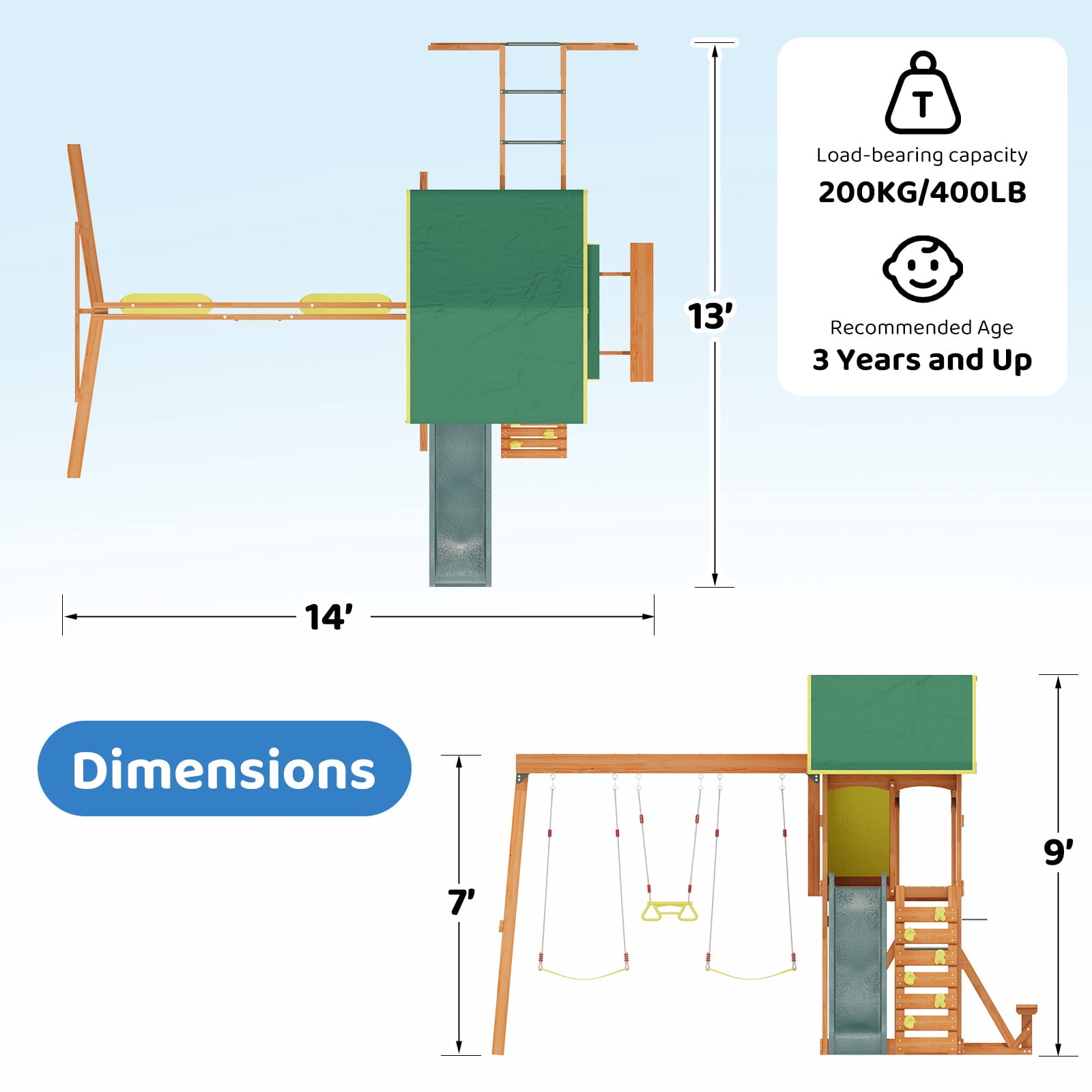 SunSwell Wooden Swing Set for Backyard with 8 ft Wave Slide, Monkey Bars, and Rock Wall (Green) rp4jk
