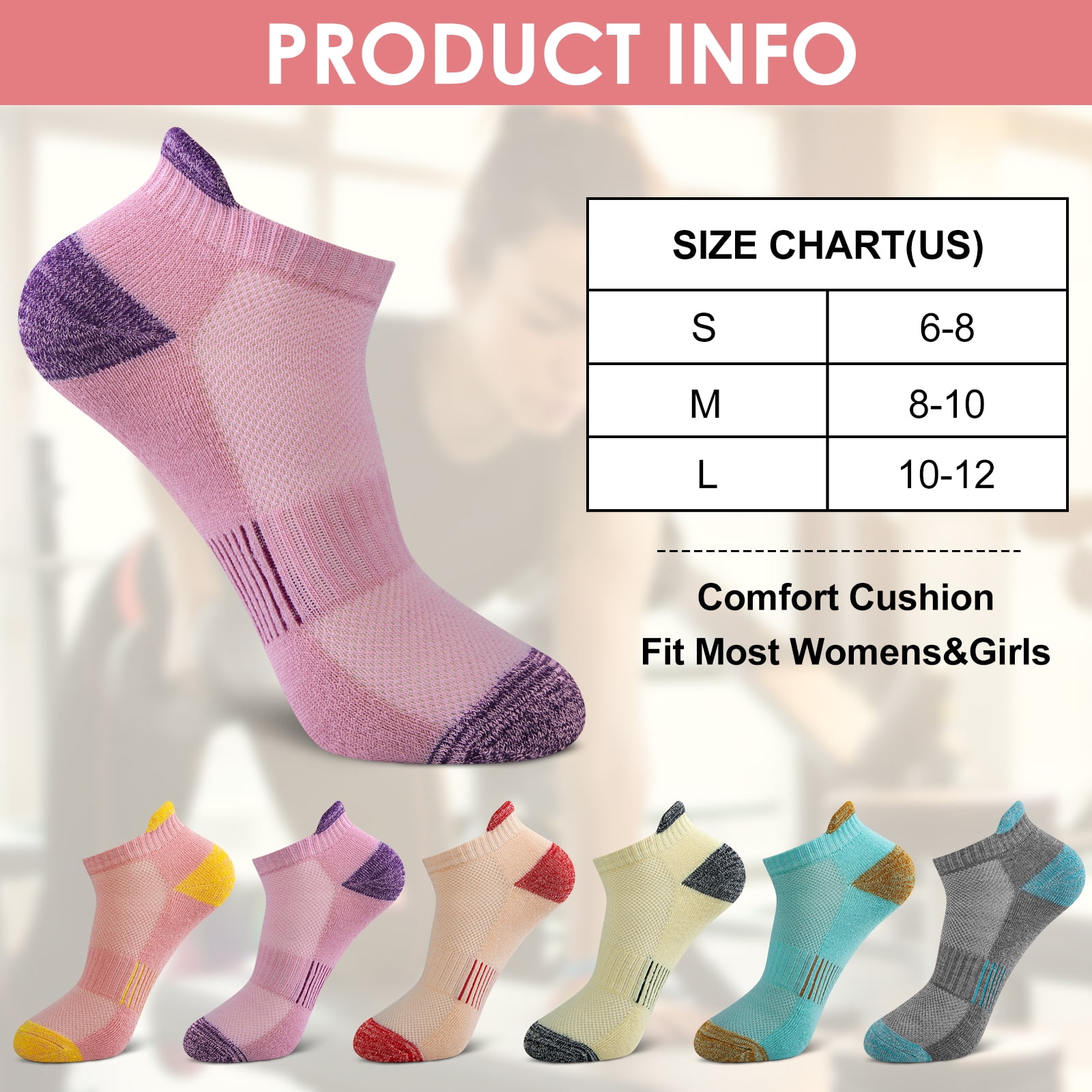 Loritta Womens Ankle Socks, Cushioned Low Cut Athletic No Show Socks (Multi-Color, 6 Pairs) bhhvv