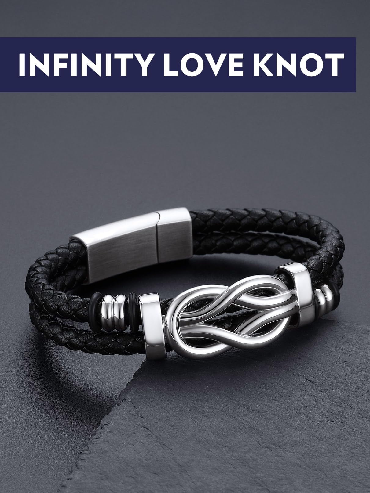Bandmax Infinity Knot Leather Bracelet for Men, Stainless Steel Cuff with Message Card (Black, 8.3 in) vtnm0