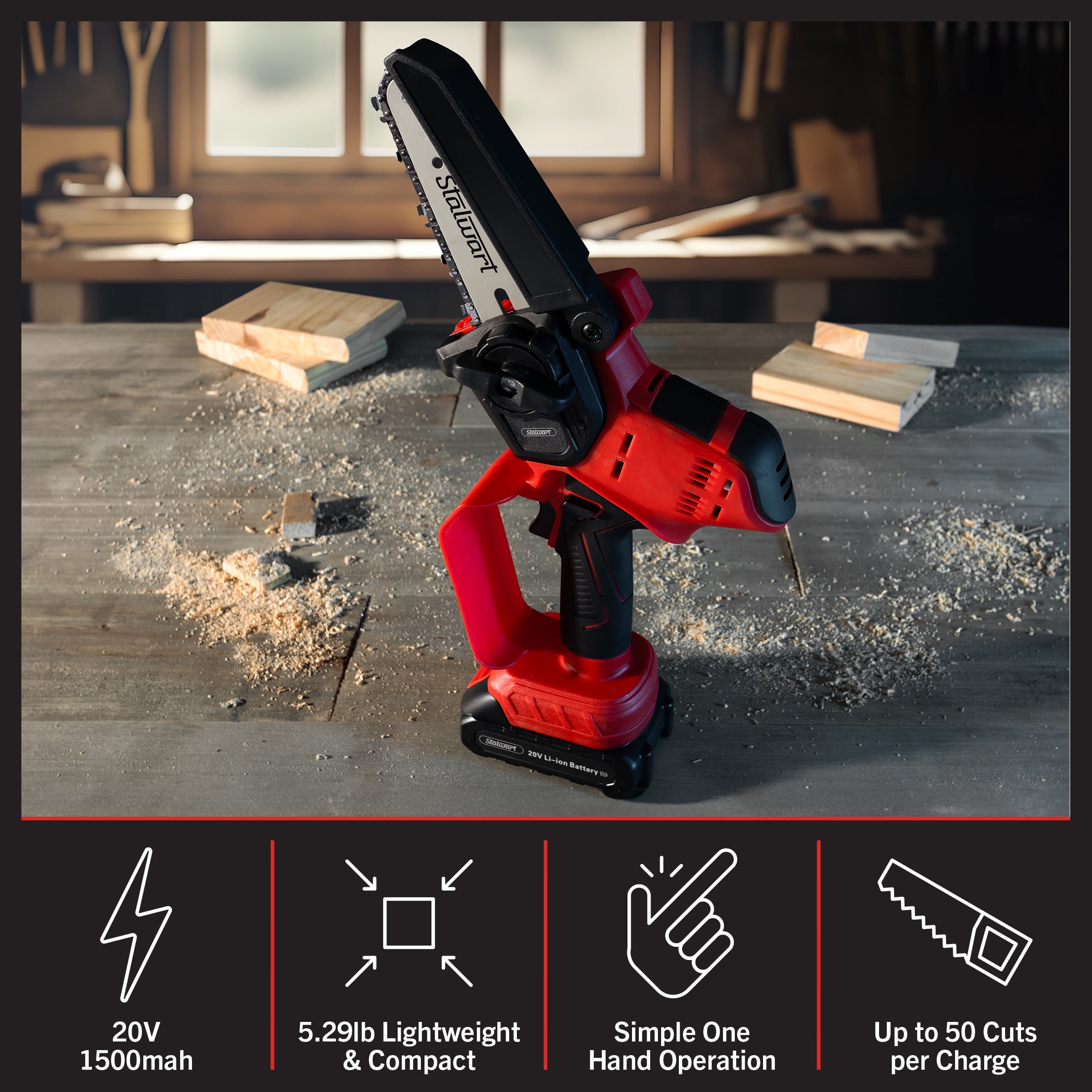 Stalwart 5-Inch Mini Chainsaw, Cordless Electric Power Tool with 20V Lithium Ion Battery (Red, 5.29 lb) 1478j
