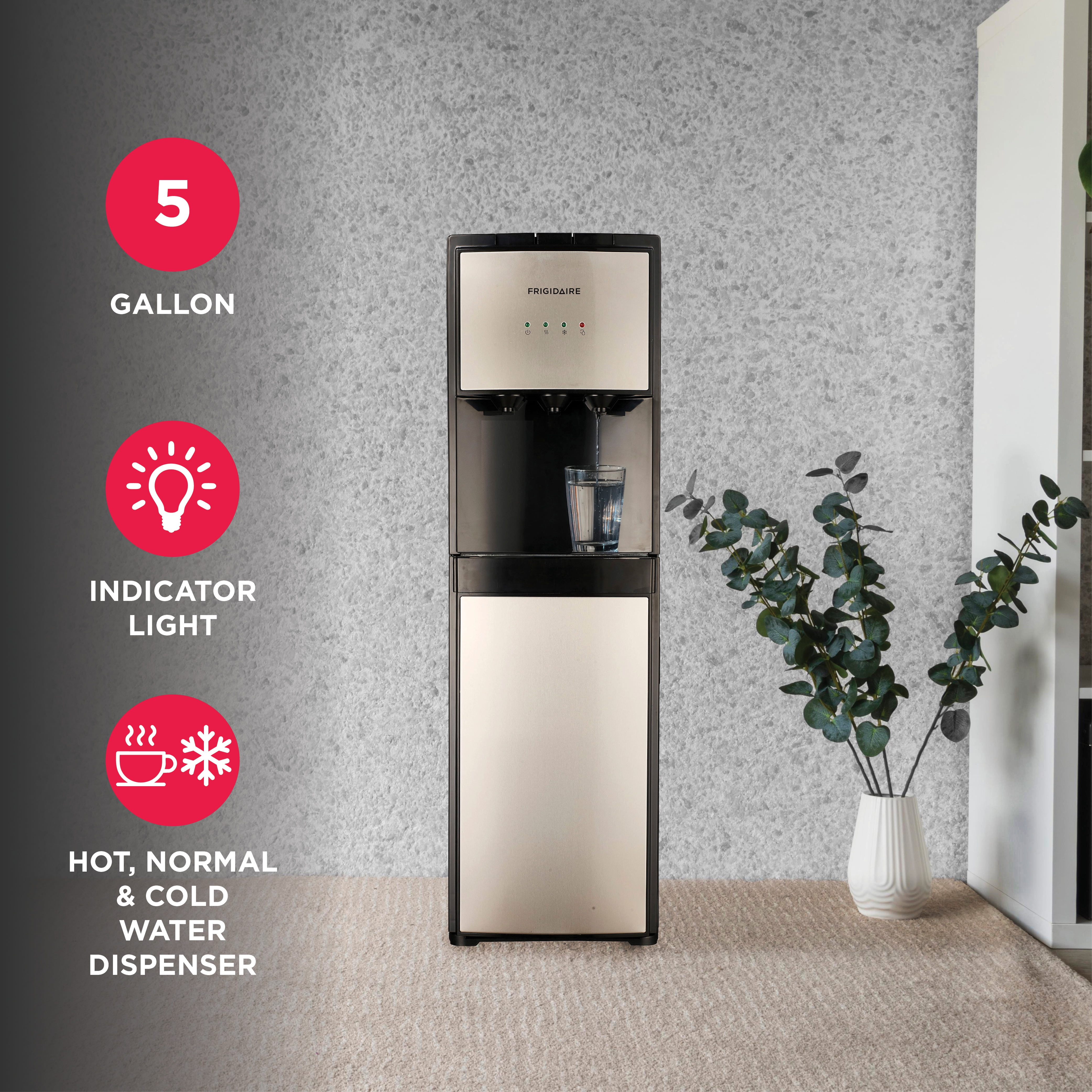 Frigidaire Bottom Loading Water Cooler Dispenser (Hot and Cold, Stainless Steel, 5 Gallon) e356g