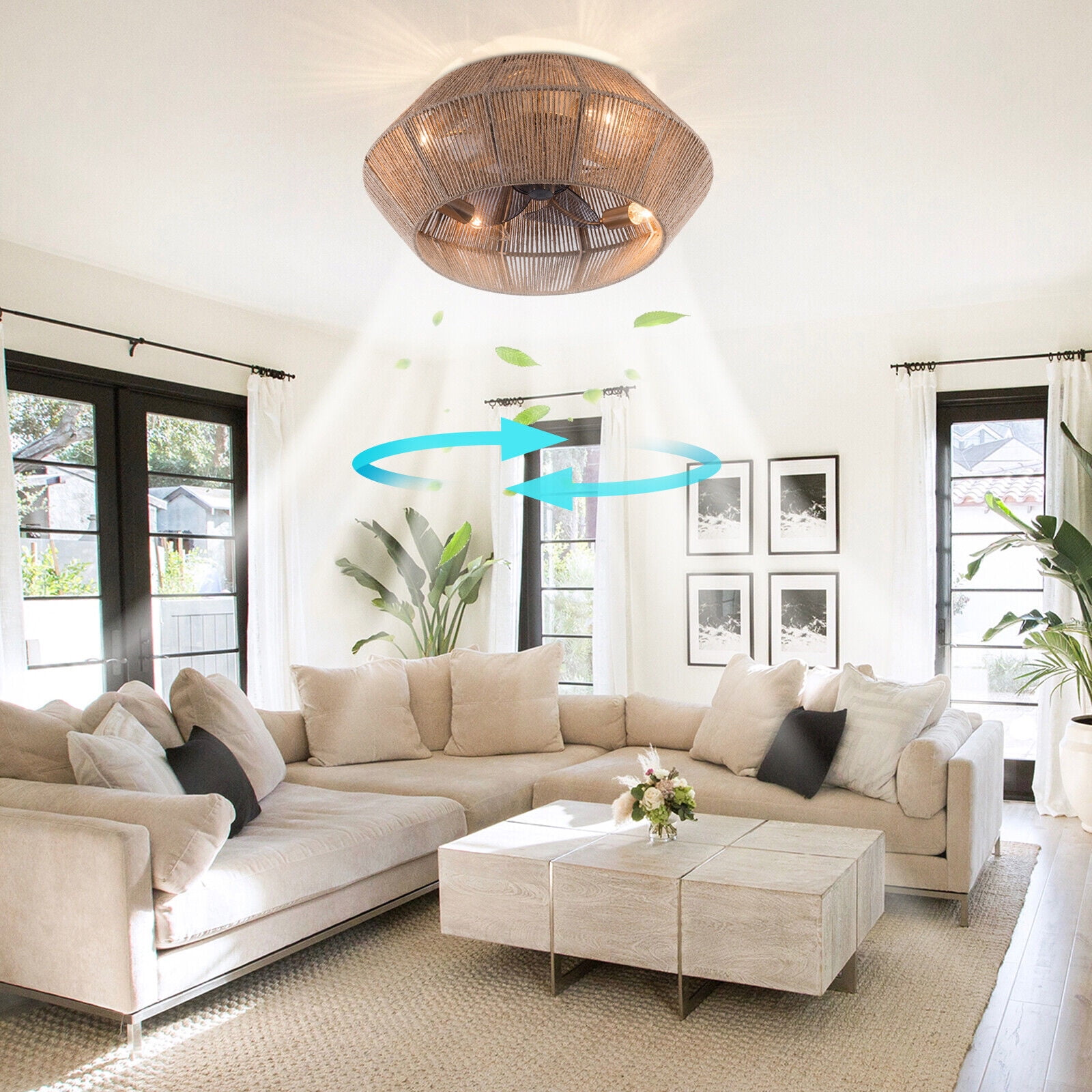 Miumaeov Boho Rattan Caged Ceiling Fan with Light and Remote Control (6 Speeds, 7.08 in Base) mrl8w