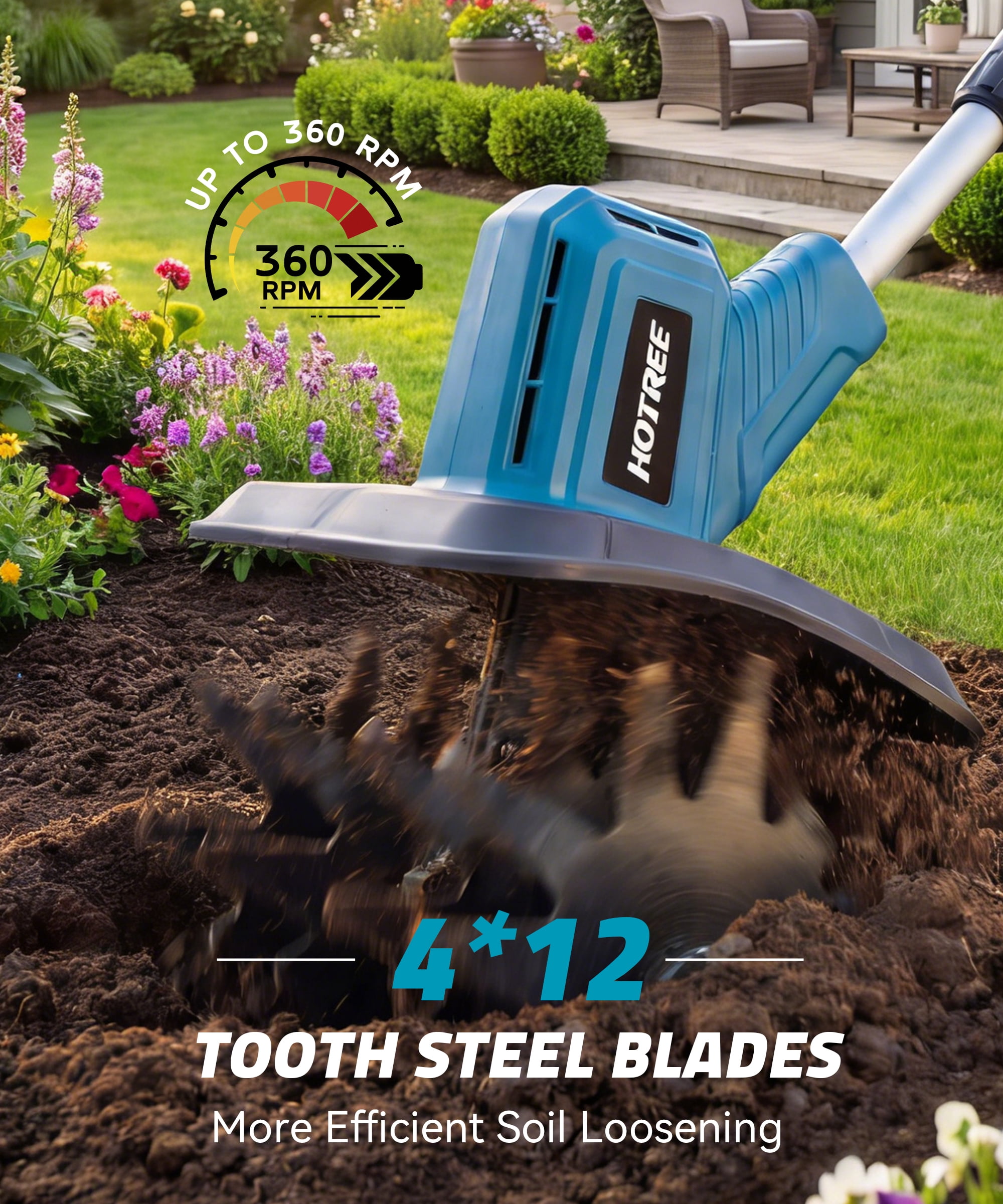 HOTREE Cordless Electric Tiller Garden Cultivator with 4 Steel Blades (12in Tilling Width, 8lb) 0yacl