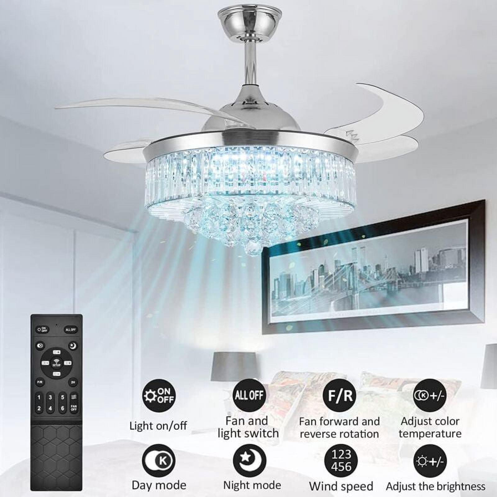 EAYSG 42 in Modern LED Retractable Ceiling Fan with Remote Control (Silver, 42 in) qoq9r