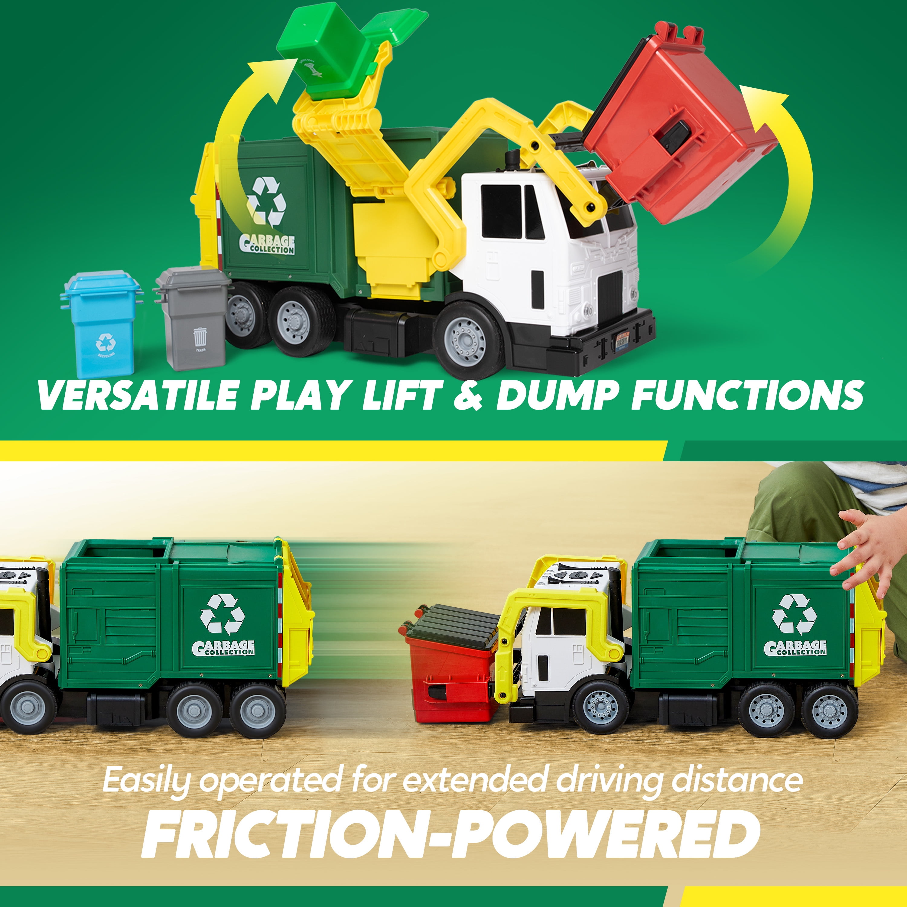 Joyfy Large Garbage Truck Toy with Lights and Sounds, Friction-Powered Recycling Vehicle with Sorting Bins (Green, 16 in) bho32