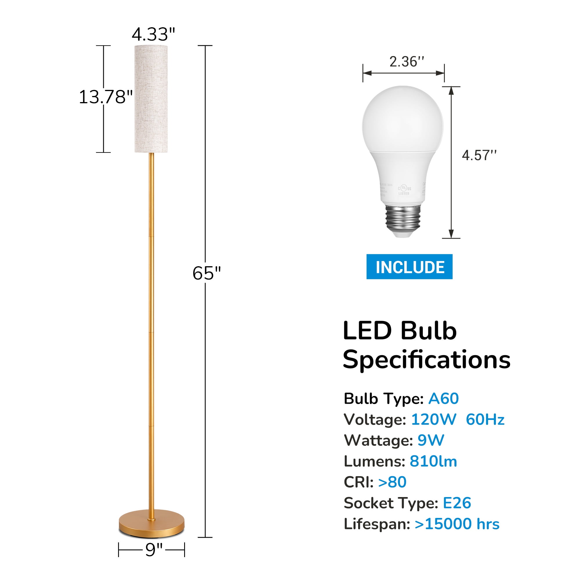 EDISHINE Modern LED Floor Lamp with Remote Control and Dimmable Lighting (Gold, 65 in) 86qpe