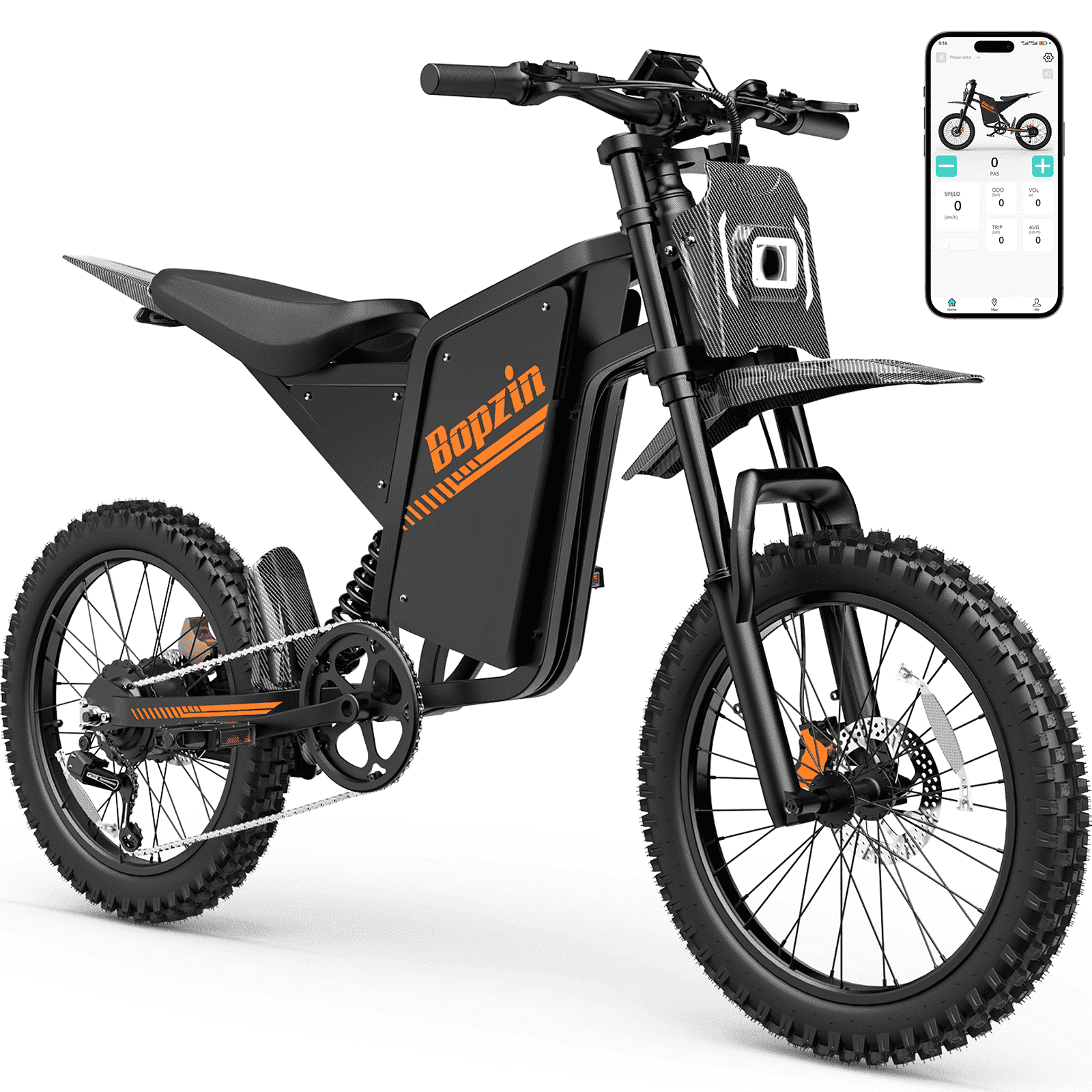 Bopzin Electric Dirt Bike for Adults, 3000W Off-Road E-Bike with App Control and Anti-Theft Alarm (20 in Fat Tire, 60V 25Ah) gtjzx