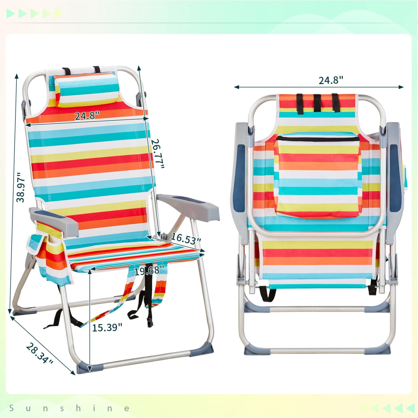 voqoomkl Aluminum Beach Chair with 5-Position Adjustable Backrest and Storage Pouch (Rainbow Stripes, 220 lb Capacity) 7f355