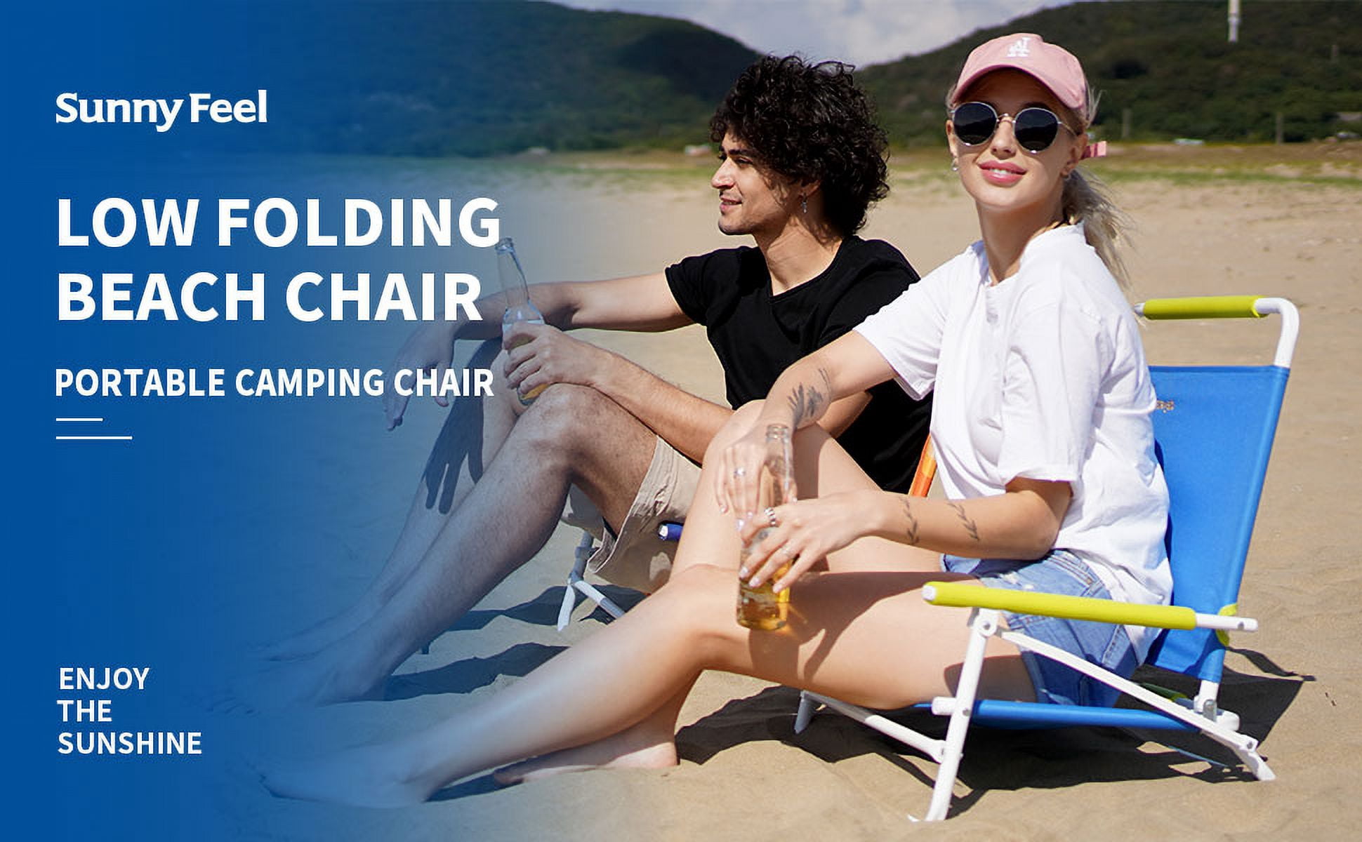Sunnyfeel Folding Beach Chair for Adults, Lightweight Low-Profile Outdoor Seat with Armrest (Navy Blue, 300 lb Capacity) p2xe4