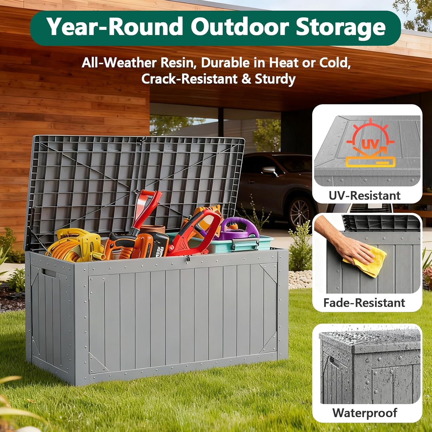 ToyKAKA 100 Gallon Outdoor Storage Box, Weather-Resistant Resin Deck Organizer for Patio Cushions and Garden Tools (Gray, 100 Gallon) mwgfz