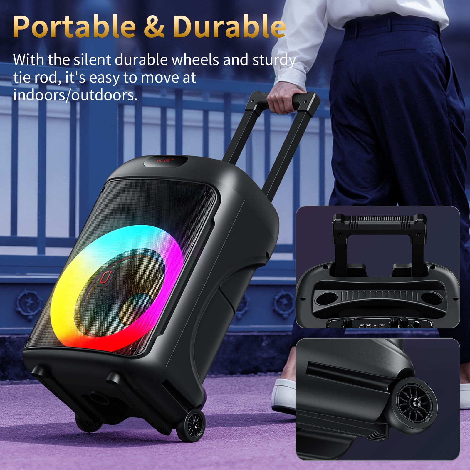 JYX Portable Party Speaker, 120W Wireless Bluetooth Speaker with Dual Subwoofers, Karaoke System with 2 Microphones and Wheels (Black) 9r5hu