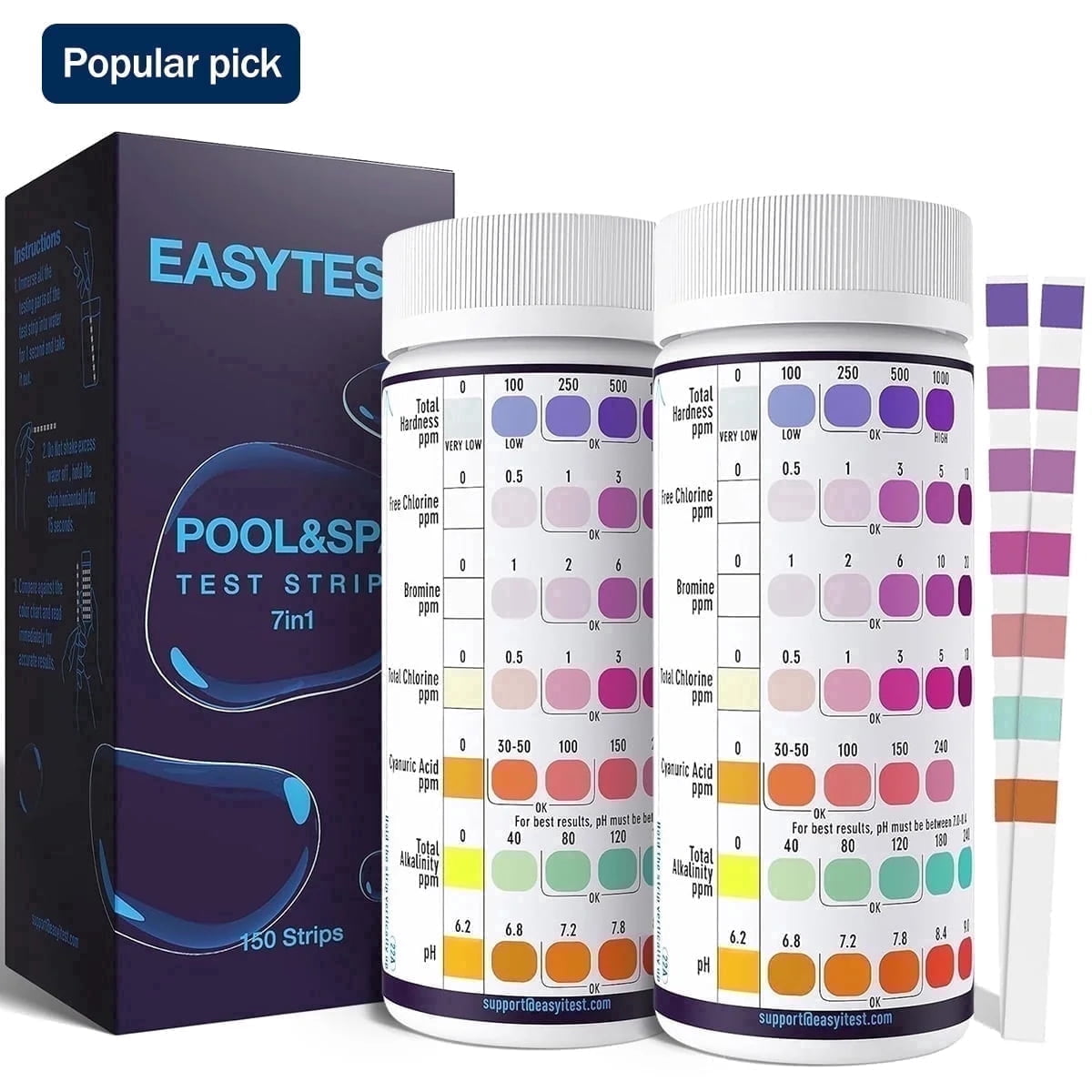 EASYTEST 7-Way Pool & Spa Water Test Strips (300 Count, Multi-Parameter Chemical Testing Kit) 6ij70