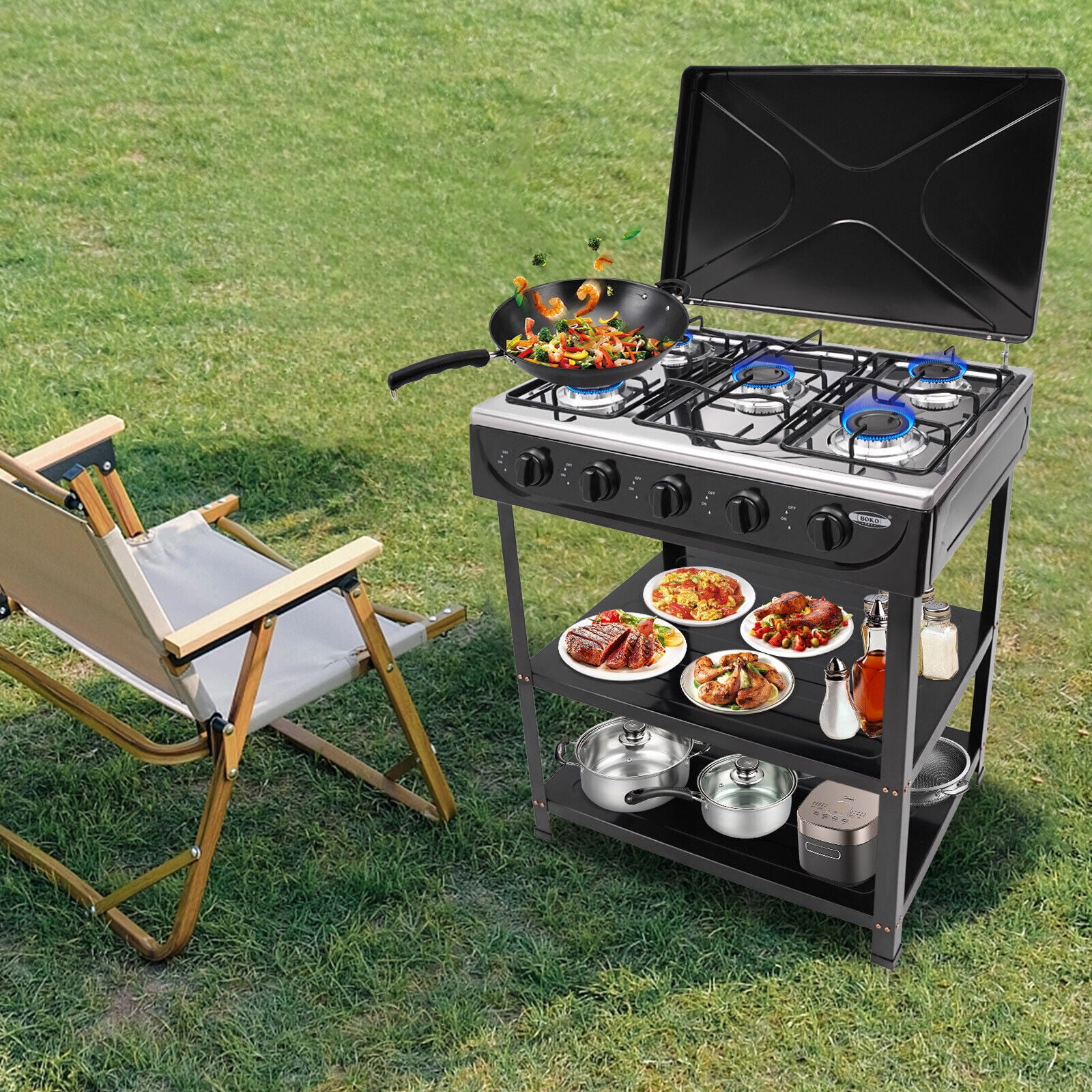 Generic 5-Burner Gas Stove Outdoor Camping BBQ Grill with 2-Tier Storage Rack (Black) g36xu