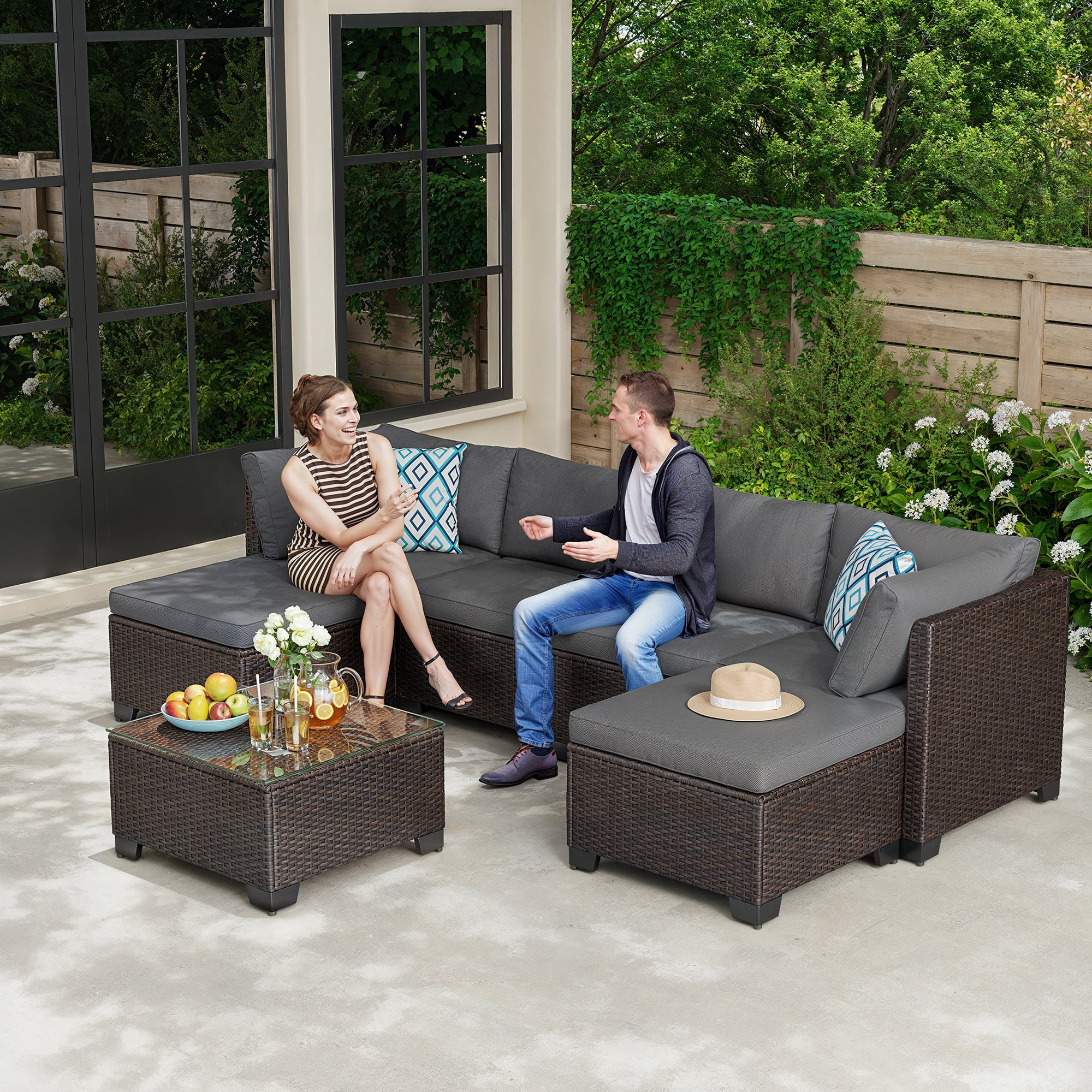Aiho 7-Piece Patio Furniture Set, PE Rattan Outdoor Sectional Sofa with Cushions and Glass Coffee Table (Gray, 7-Piece) xw0wf