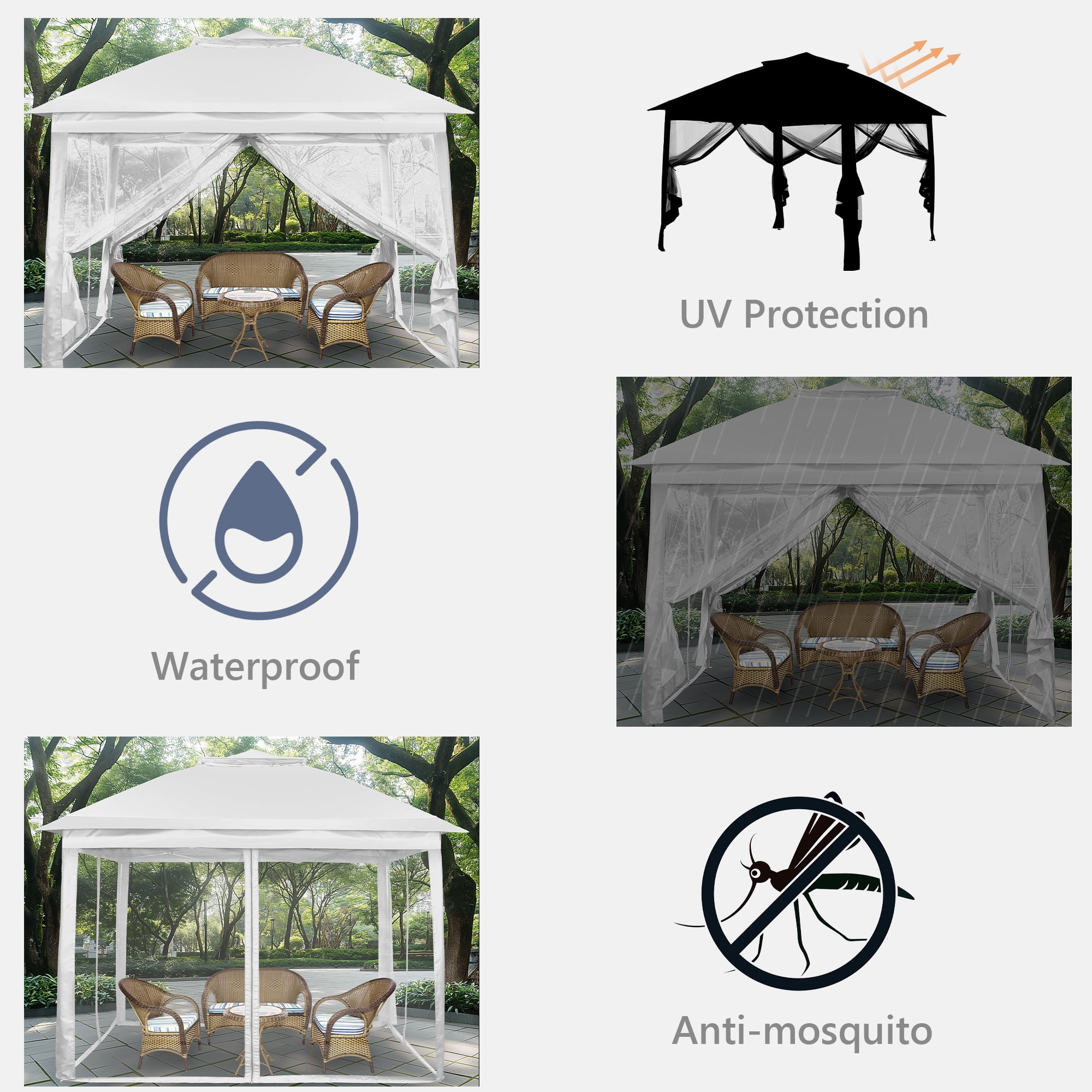 Ainfox Outdoor Patio Pop Up Canopy Gazebo with Mosquito Netting and UV Protection (White, 11 ft x 11 ft) 9ror8