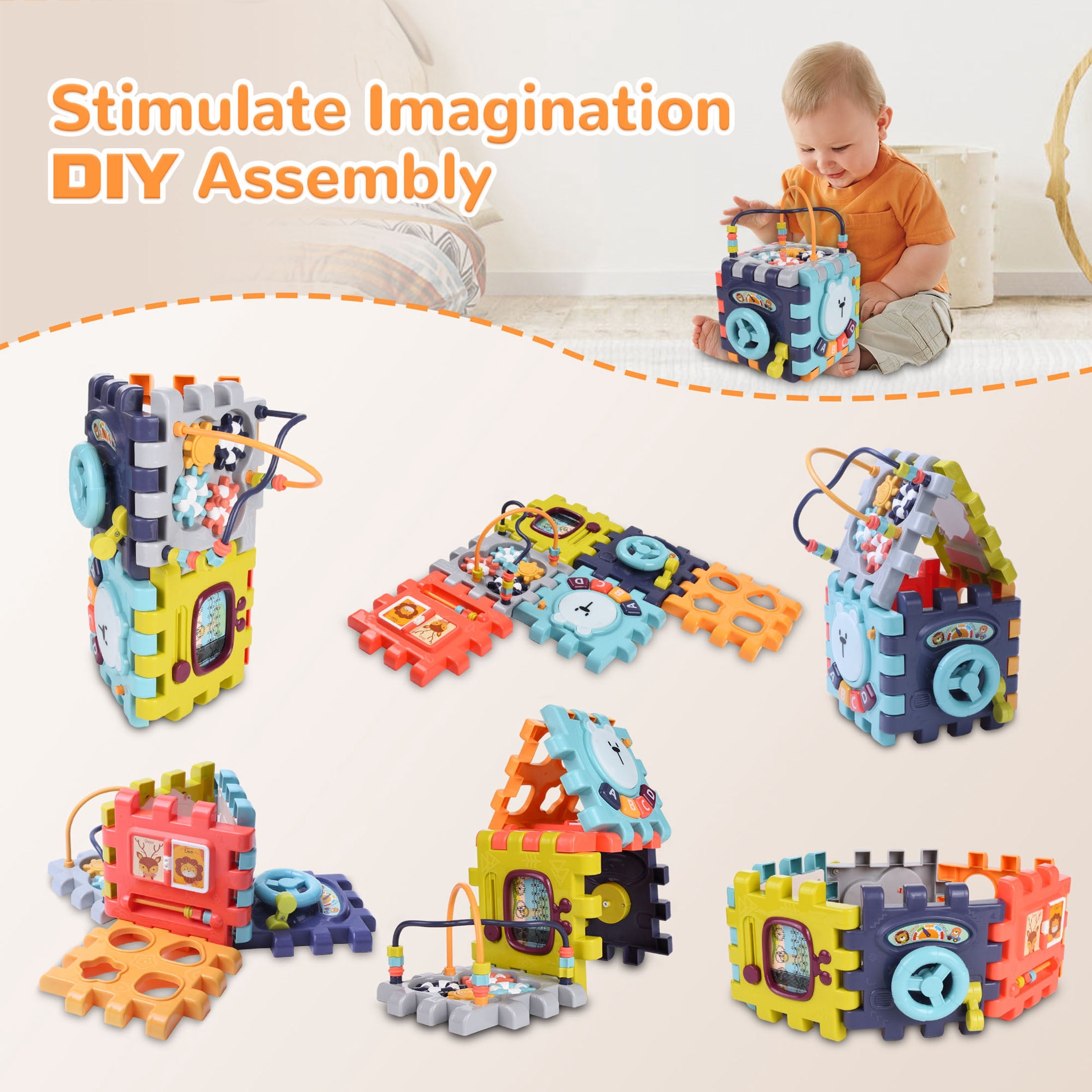 Vomeast 6-in-1 Montessori Activity Cube, Educational Learning Toy for Toddlers, Interactive Music & Shape Sorting (Multicolor, 7.0 x 7.0 x 10.9 in) 02d07