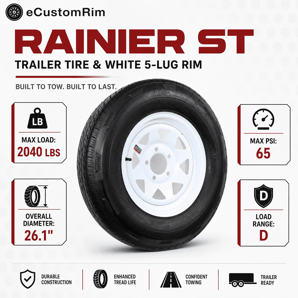 eCustomRim Trailer Tire and Rim Assembly (ST205/75R14, Load Range D, 5 Lug, White, 14 in) de9za