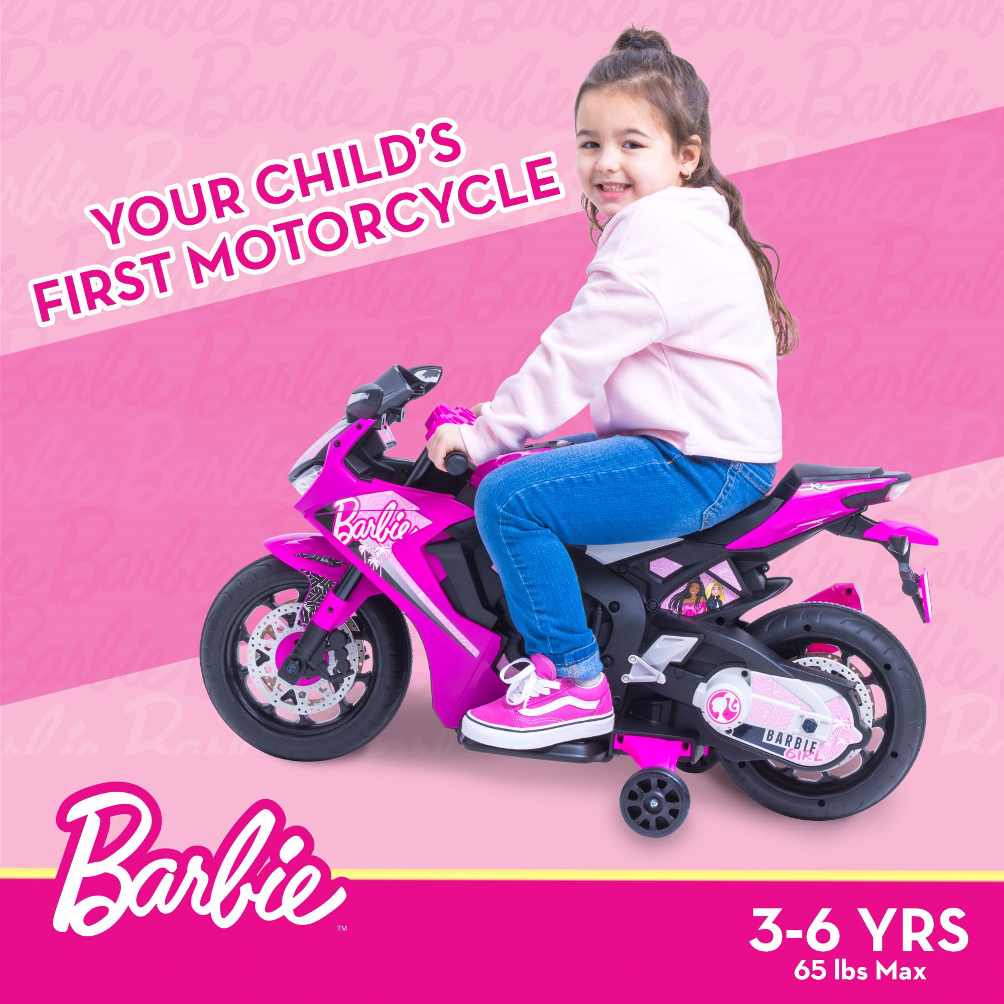 Barbie 6V Electric Motorcycle Ride-On Toy with Training Wheels (Pink, 65 lb Capacity) qed66