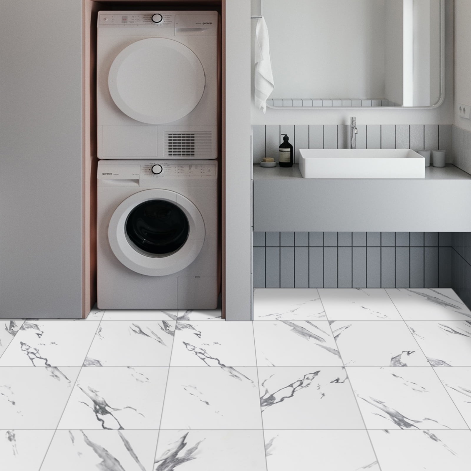 Abyssaly Peel and Stick Vinyl Floor Tiles, Waterproof Marble Design Flooring for Kitchen and Bathroom (White, 12 in x 12 in, 10 Pack) kucl6