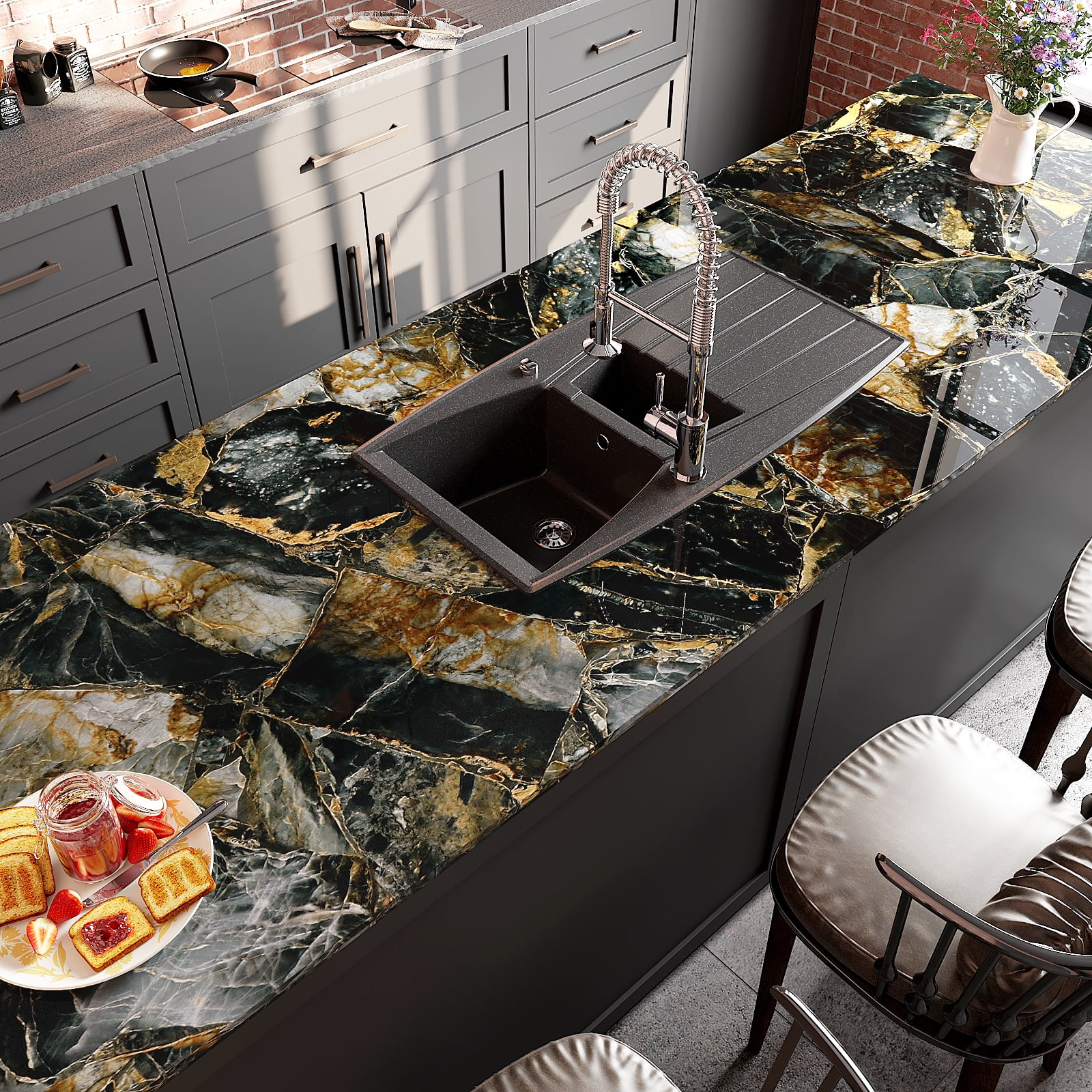 VEELIKE Marble Peel and Stick Countertop Contact Paper, Waterproof Vinyl Wallpaper for Kitchen and Furniture (Gold, 15.7 in x 118.1 in) uxclc