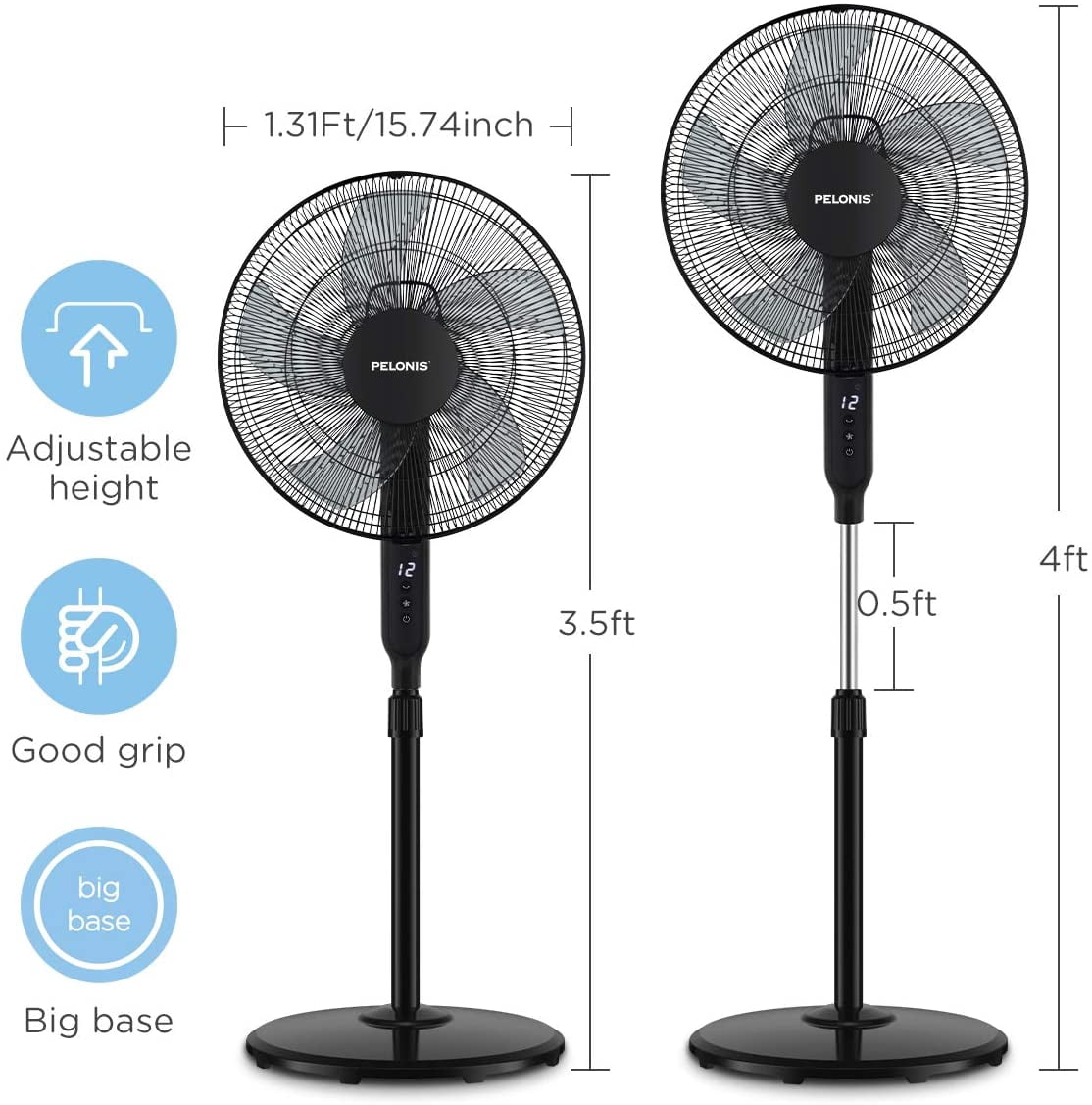 Pelonis 16 Inch Pedestal Standing Fan with Remote Control and DC Motor (Black, 16 in) 3aapx
