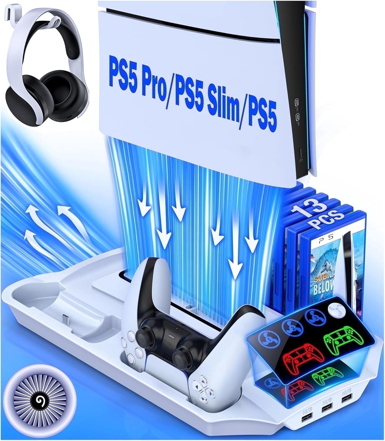 Beboncool PS5 Cooling Stand with Dual Controller Charger and Game Storage (White, 1 Pack) 3icr3